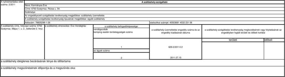 szálláshely elnevezése: Éva Vendégház Adószám: 78835298-1-26 statisztikai számjel: