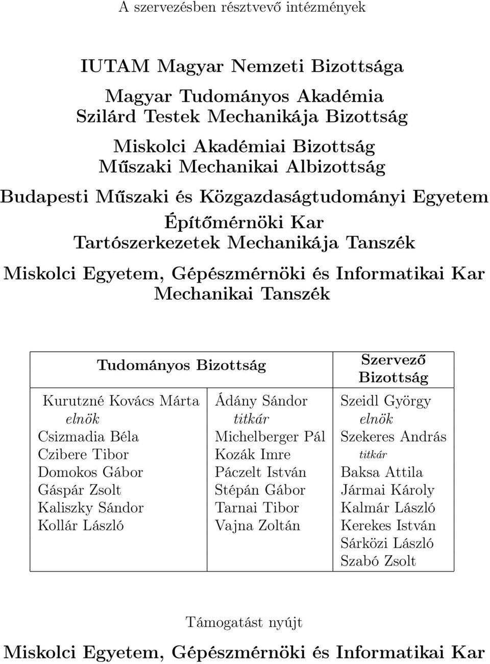 Szervező Bizottság Kurutzné Kovács Márta Ádány Sándor Szeidl György elnök titkár elnök Csizmadia Béla Michelberger Pál Szekeres András Czibere Tibor Kozák Imre titkár Domokos Gábor Páczelt István