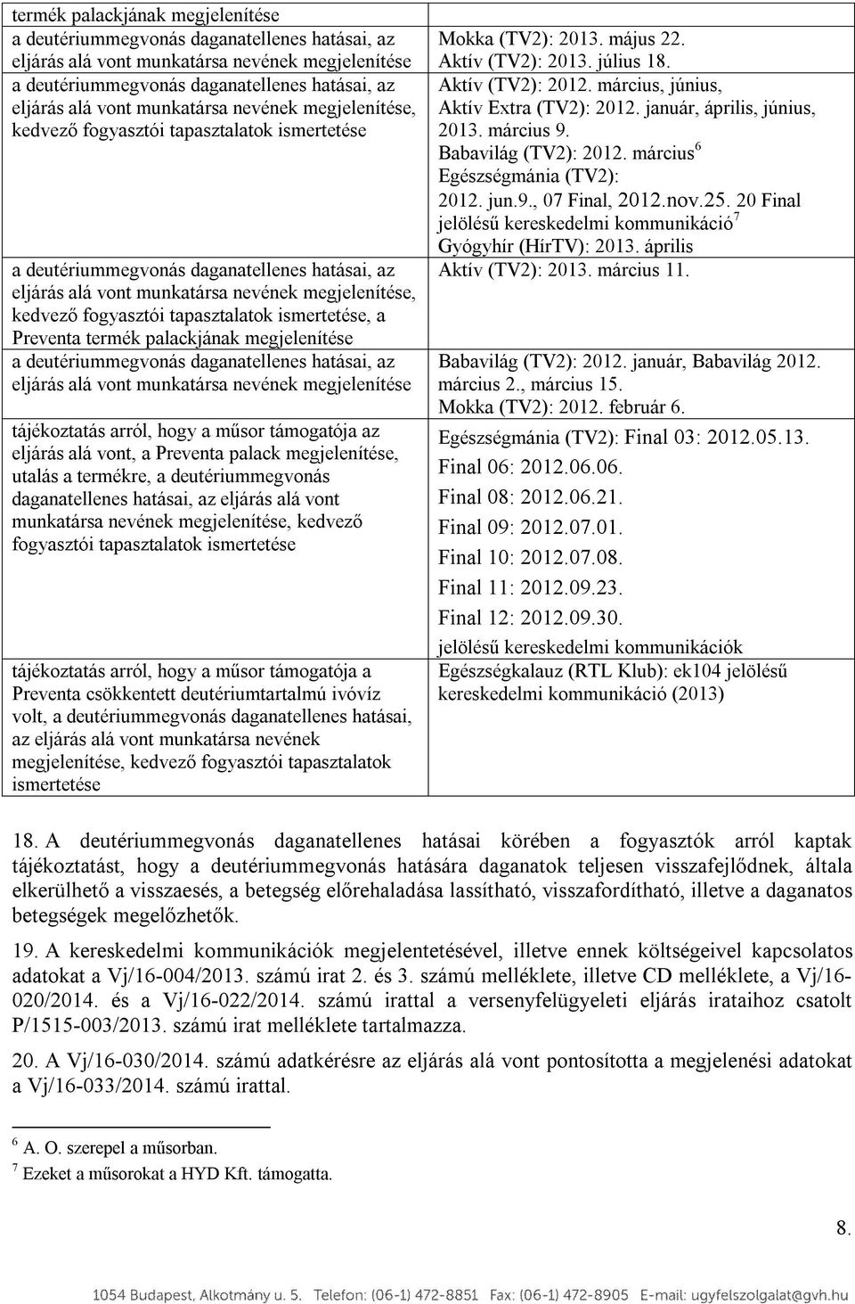 a műsor támogatója az eljárás alá vont, a Preventa palack megjelenítése, utalás a termékre, a deutériummegvonás daganatellenes hatásai, az eljárás alá vont munkatársa nevének megjelenítése, kedvező