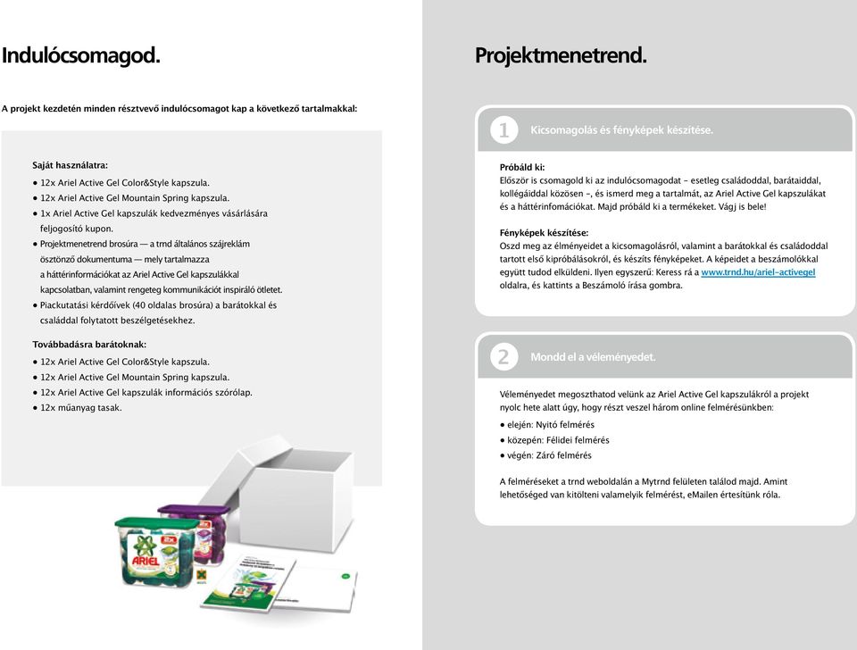 Projektmenetrend brosúra a trnd általános szájreklám ösztönző dokumentuma mely tartalmazza a háttérinformációkat az Ariel Active Gel kapszulákkal kapcsolatban, valamint rengeteg kommunikációt
