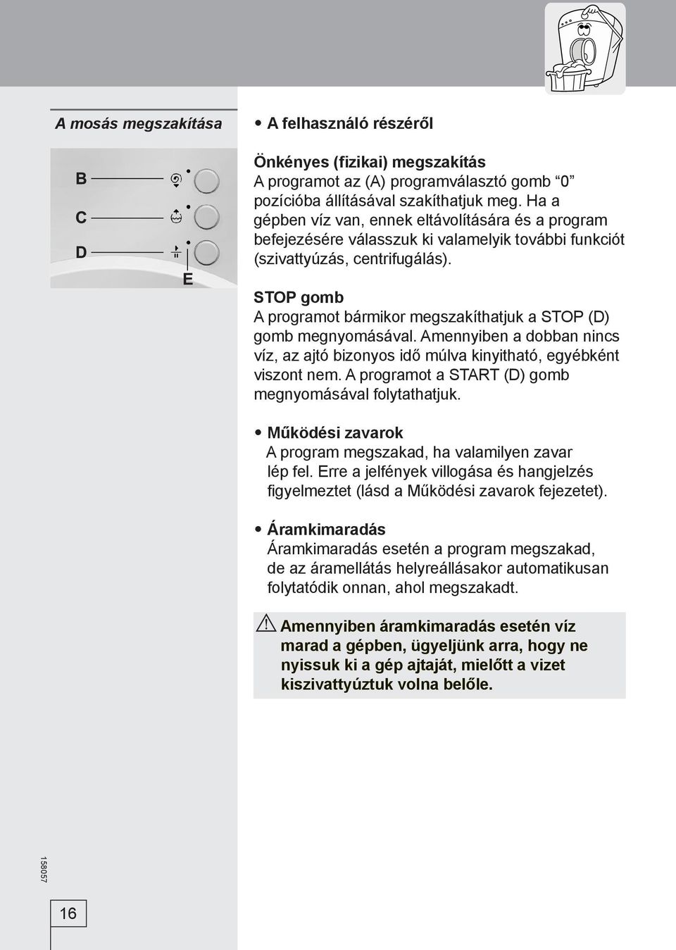 STOP gomb A programot bármikor megszakíthatjuk a STOP (D) gomb megnyomásával. Amennyiben a dobban nincs víz, az ajtó bizonyos idő múlva kinyitható, egyébként viszont nem.