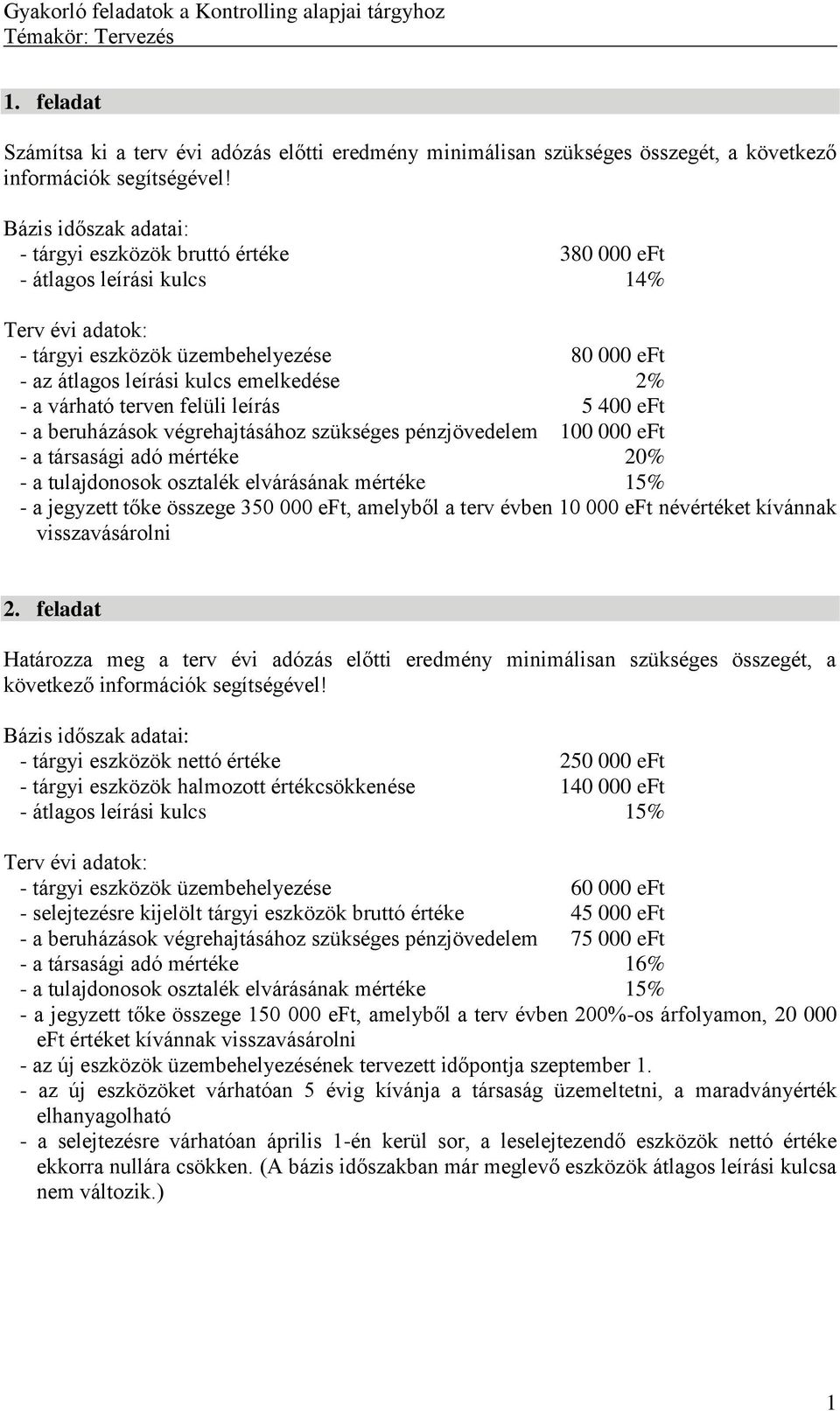 terven felüli leírás 5 400 eft a beruházások végrehajtásához szükséges pénzjövedelem 100 000 eft a társasági adó mértéke 20% a tulajdonosok osztalék elvárásának mértéke 15% a jegyzett tőke összege