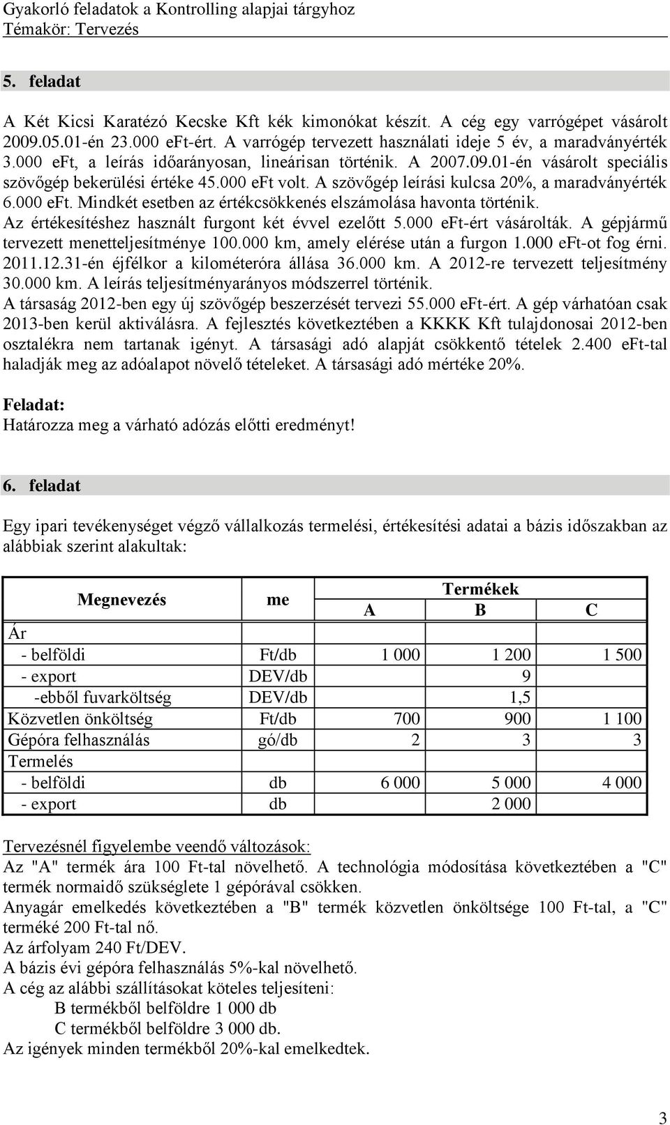 Az értékesítéshez használt furgont két évvel ezelőtt 5.000 eftért vásárolták. A gépjármű tervezett menetteljesítménye 100.000 km, amely elérése után a furgon 1.000 eftot fog érni. 2011.12.