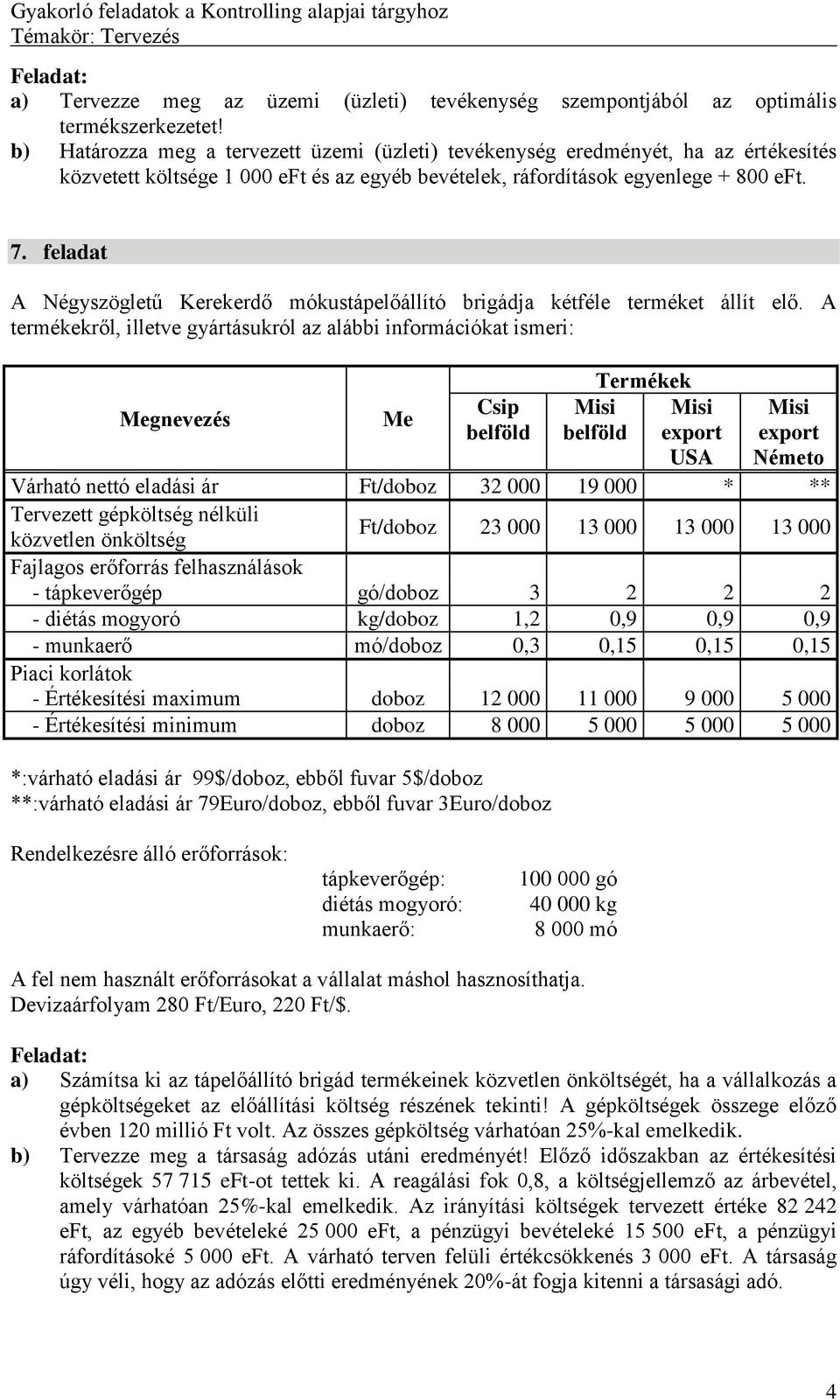 feladat A Négyszögletű Kerekerdő mókustápelőállító brigádja kétféle terméket állít elő.