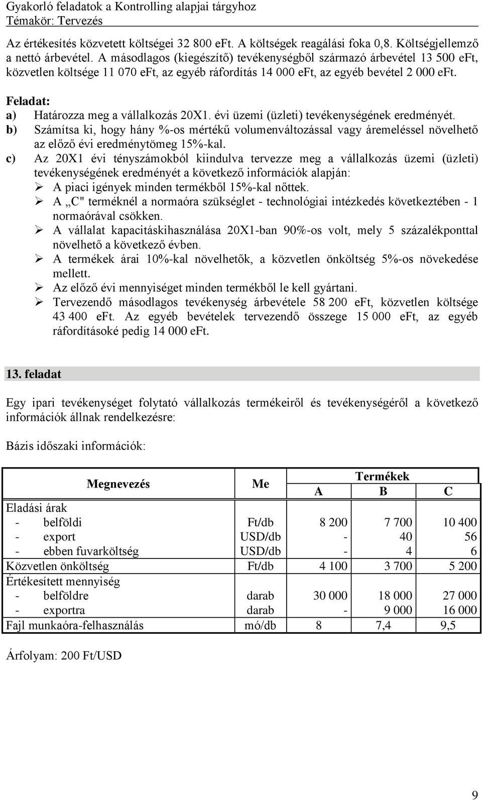 évi üzemi (üzleti) tevékenységének eredményét. b) Számítsa ki, hogy hány %os mértékű volumenváltozással vagy áremeléssel növelhető az előző évi eredménytömeg 15%kal.