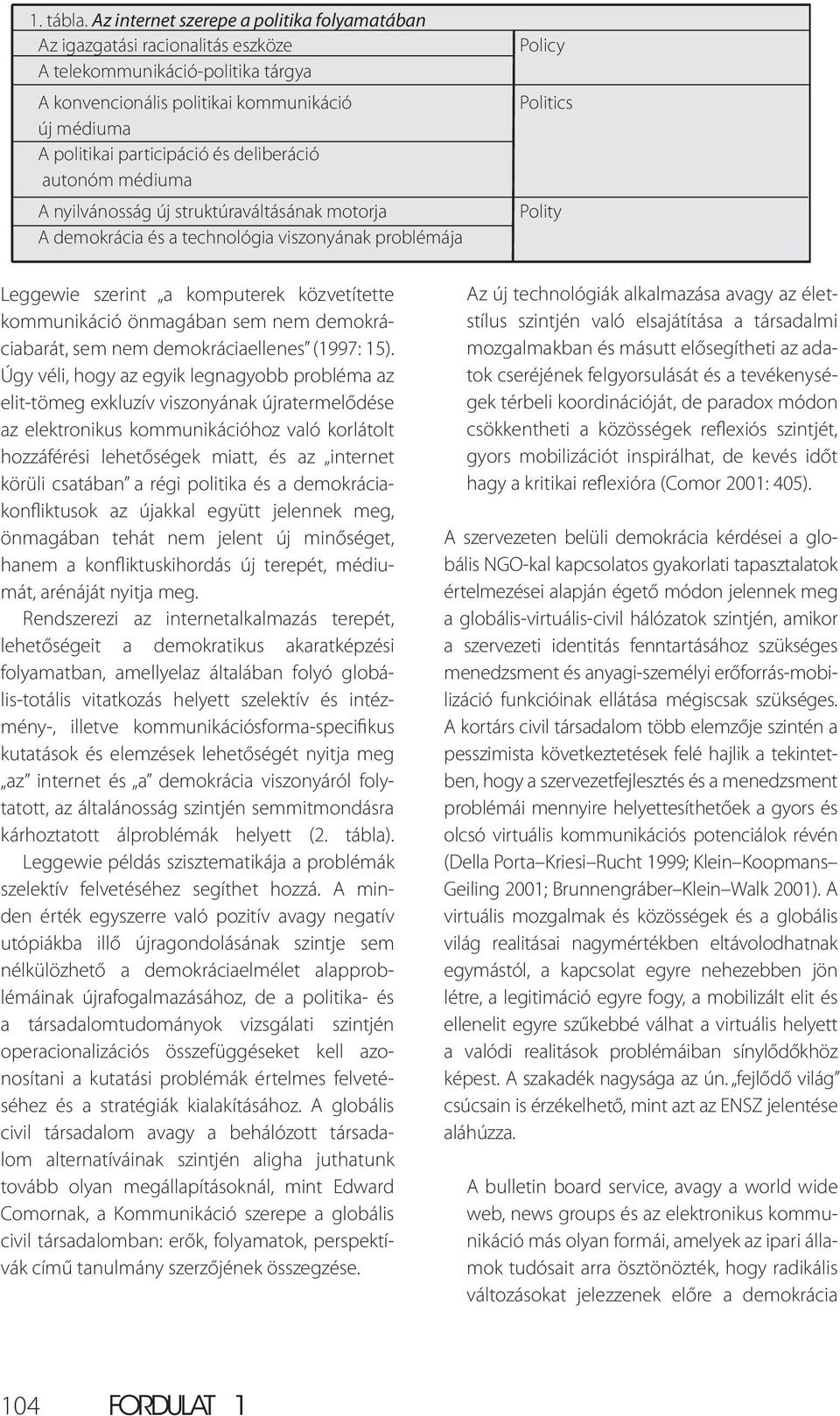 deliberáció autonóm médiuma A nyilvánosság új struktúraváltásának motorja A demokrácia és a technológia viszonyának problémája Policy Politics Polity Leggewie szerint a komputerek közvetítette