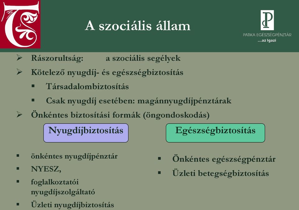 (öngondoskodás) Nyugdíjbiztosítás Egészségbiztosítás önkéntes nyugdíjpénztár NYESZ,