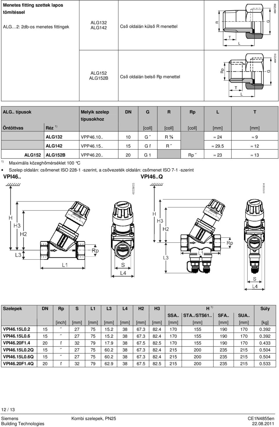 . 20 G 1 Rp 23 13 Maximális közeghőmérséklet 100 C Szelep oldalán: csőmenet ISO 228-1 -szerint, a csővezeték oldalán: csőmenet ISO 7-1 -szerint VPI46.. VPI46..Q Szelepek DN Rp S L1 L3 L4 H2 H3 H 1) Súly SSA.