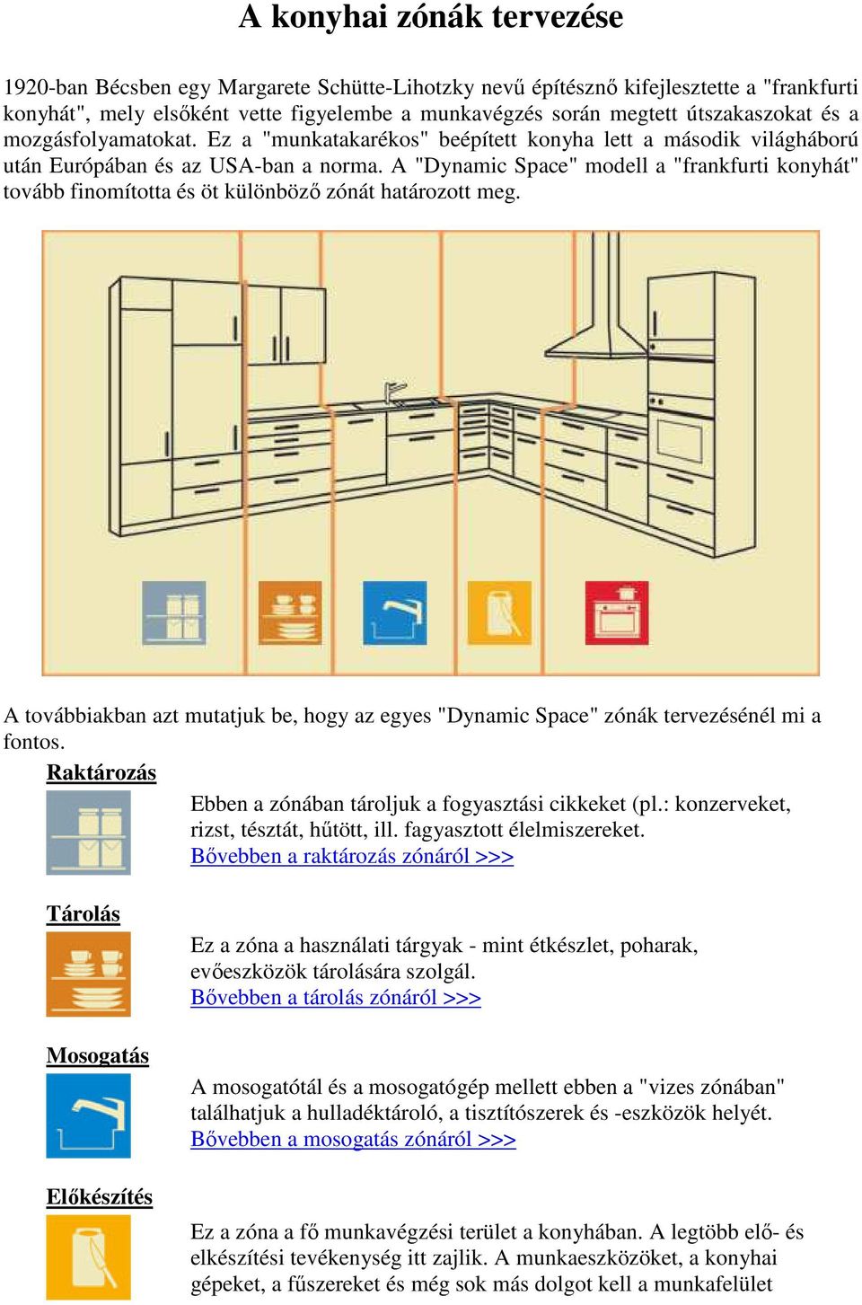 A "Dynamic Space" modell a "frankfurti konyhát" tovább finomította és öt különbözı zónát határozott meg. A továbbiakban azt mutatjuk be, hogy az egyes "Dynamic Space" zónák tervezésénél mi a fontos.