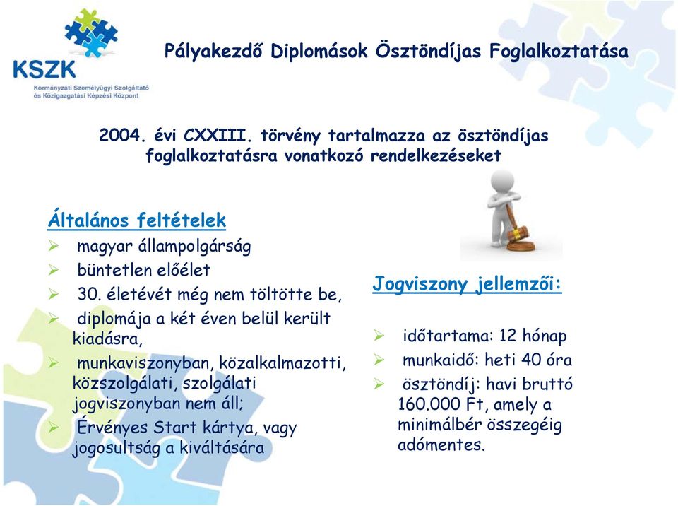 30. életévét még nem töltötte be, diplomája a két éven belül került kiadásra, munkaviszonyban, közalkalmazotti, közszolgálati, szolgálati