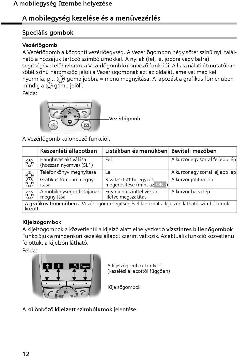 A használati útmutatóban sötét színű háromszög jelöli a Vezérlőgombnak azt az oldalát, amelyet meg kell nyomnia, pl.: v gomb jobbra = menü megnyitása.