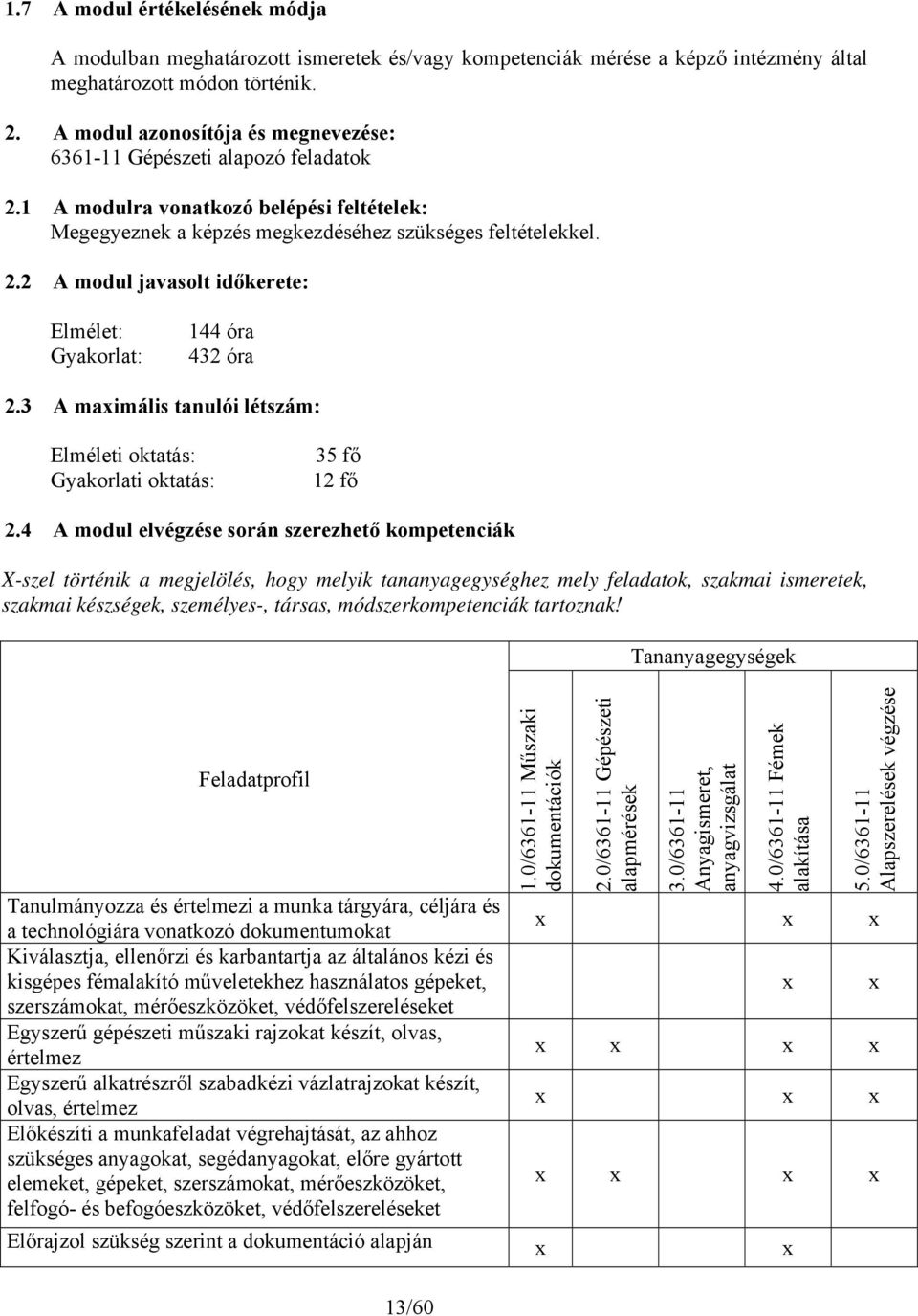 3 A maimális tanulói létszám: Elméleti oktatás: Gyakorlati oktatás: 35 fő 12 fő 2.