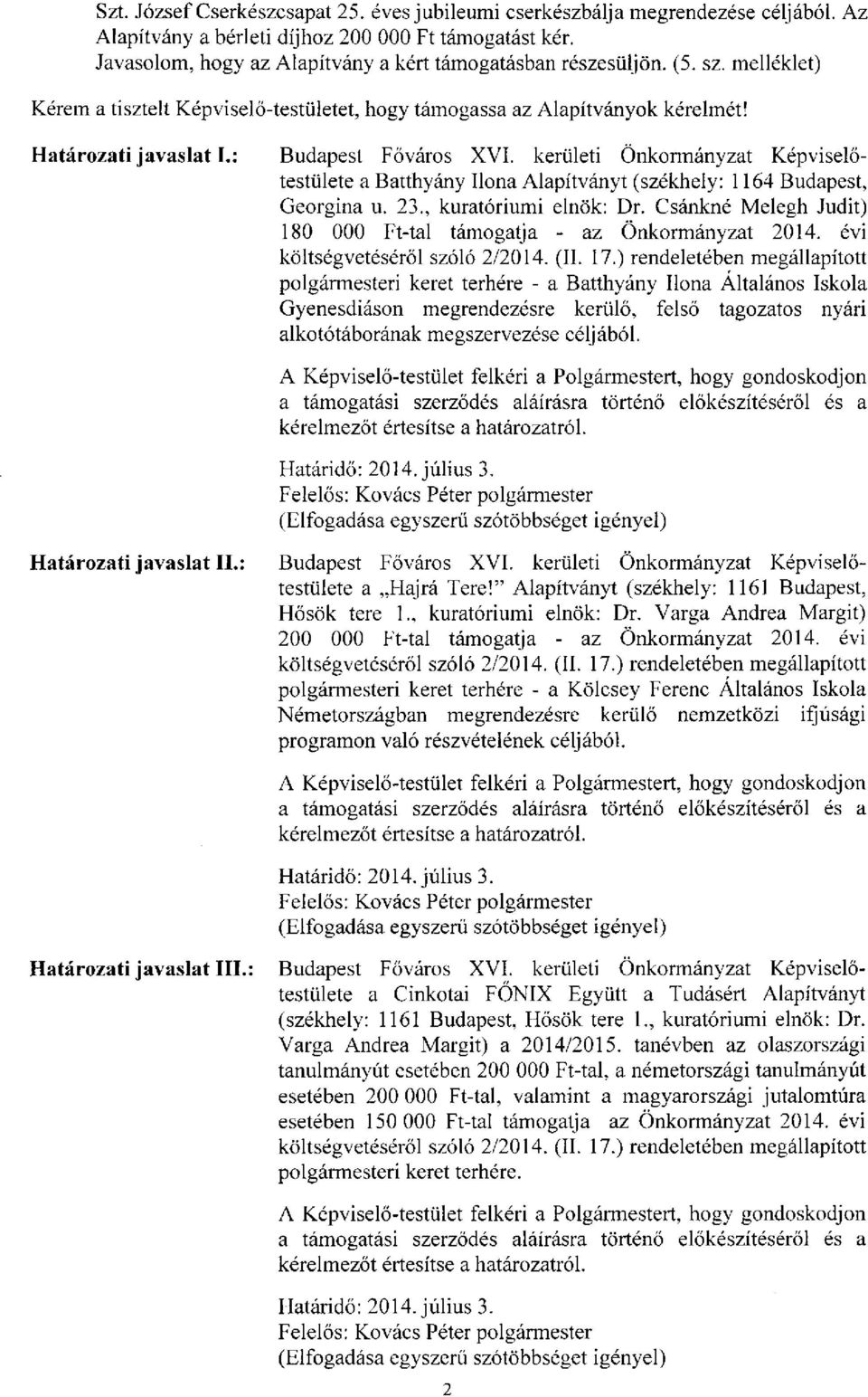 : Budapest Főváros XVI. kerületi Önkormányzat Képviselőtestülete a Batthyány Ilona Alapítványt (székhely: 1164 Budapest, Georgina u. 23., kuratóriumi elnök: Dr.