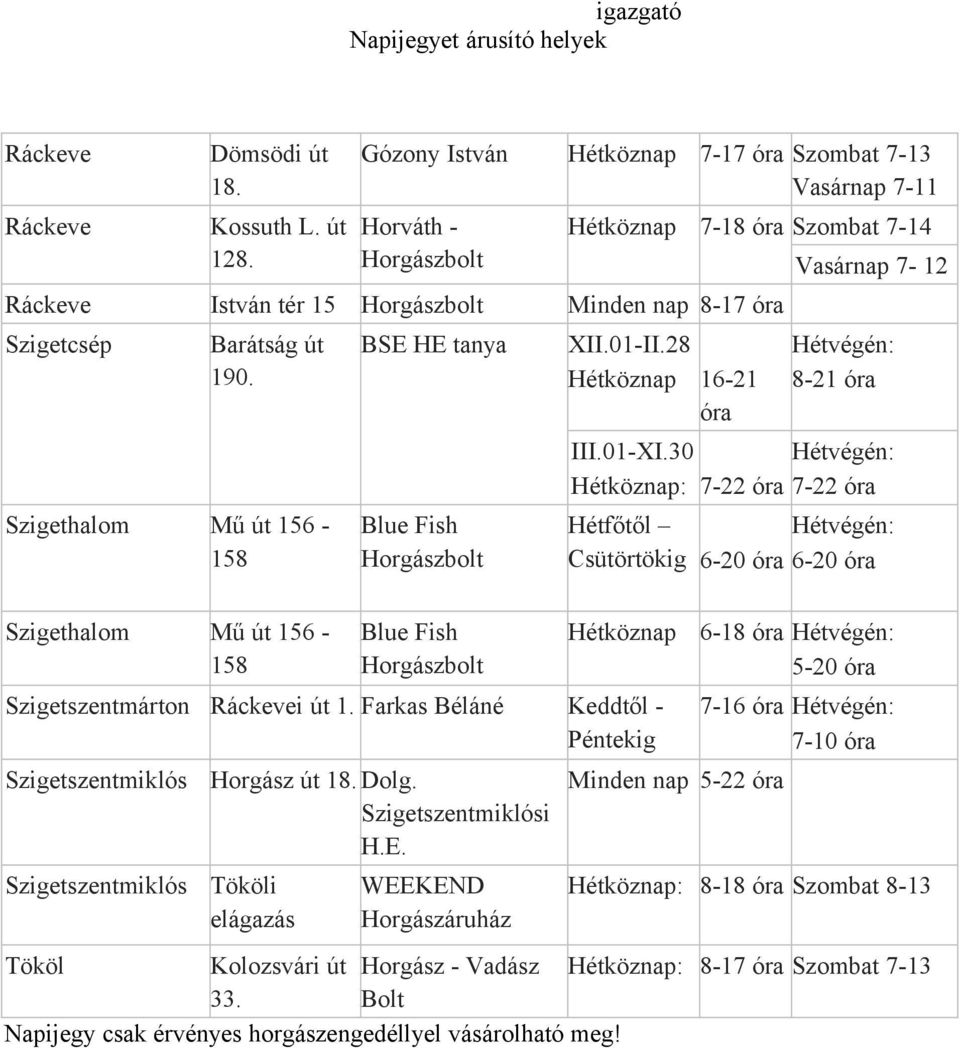 28 Hétköznap 16-21 óra BSE HE tanya Hétköznap 7-17 óra Szombat 7-13 Vasárnap 7-11 Vasárnap 7-12 Hétvégén: 8-21 óra III.01-XI.