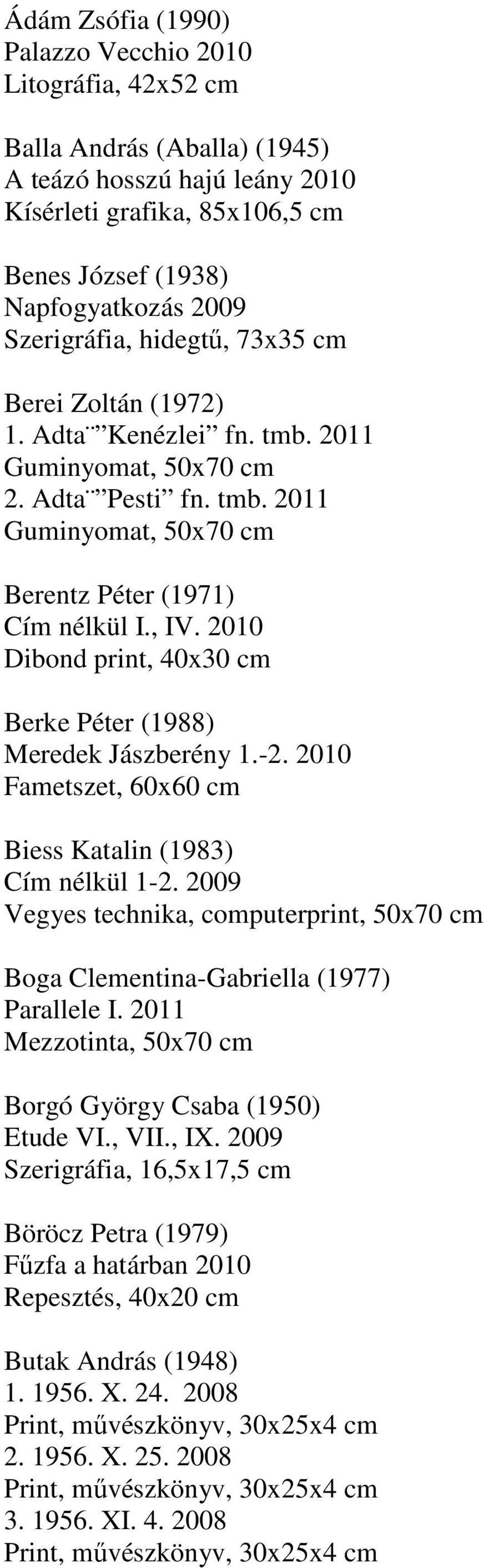 2010 Dibond print, 40x30 cm Berke Péter (1988) Meredek Jászberény 1.-2. 2010 Fametszet, 60x60 cm Biess Katalin (1983) Cím nélkül 1-2.