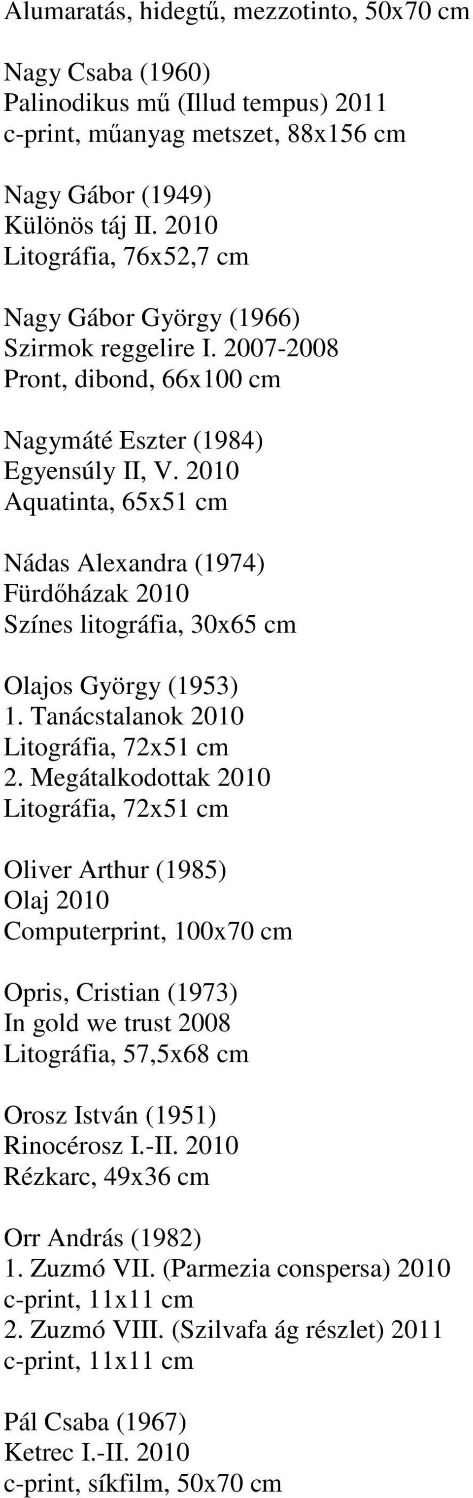 2010 Aquatinta, 65x51 cm Nádas Alexandra (1974) Fürdőházak 2010 Színes litográfia, 30x65 cm Olajos György (1953) 1. Tanácstalanok 2010 Litográfia, 72x51 cm 2.