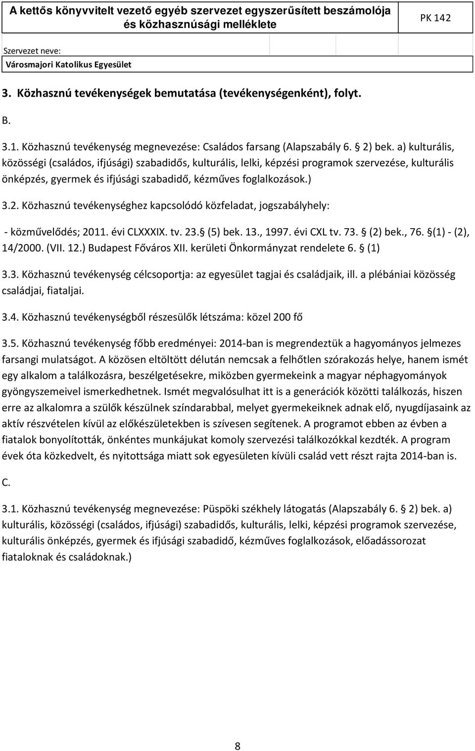 Közhasznú tevékenységhez kapcsolódó közfeladat, jogszabályhely: - közművelődés; 2011. évi CLXXXIX. tv. 23. (5) bek. 13., 1997. évi CXL tv. 73. (2) bek., 76. (1) - (2), 14/2000. (VII. 12.