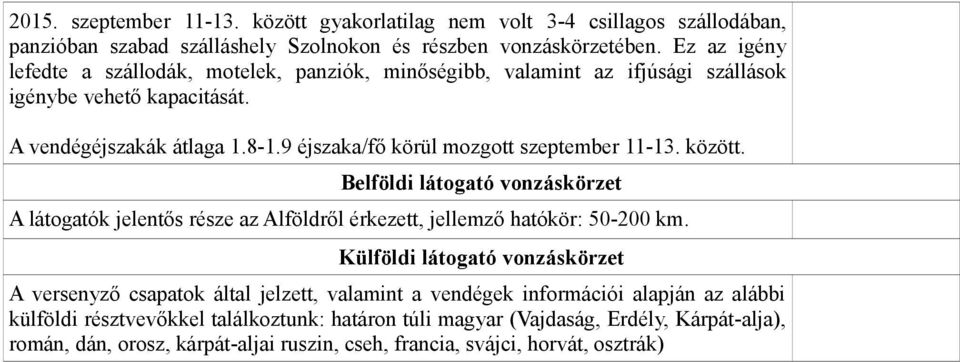 9 éjszaka/fő körül mozgott szeptember 11-13. között. Belföldi látogató vonzáskörzet A látogatók jelentős része az Alföldről érkezett, jellemző hatókör: 50-200 km.