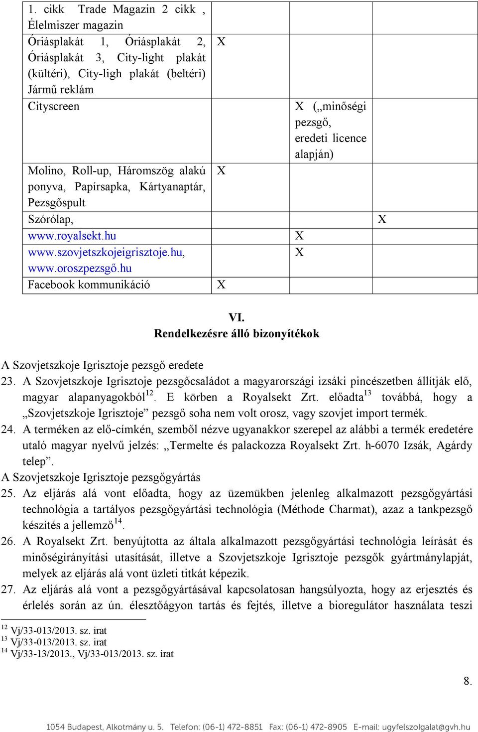 hu Facebook kommunikáció X X X X ( minőségi pezsgő, eredeti licence alapján) X X X VI. Rendelkezésre álló bizonyítékok A Szovjetszkoje Igrisztoje pezsgő eredete 23.