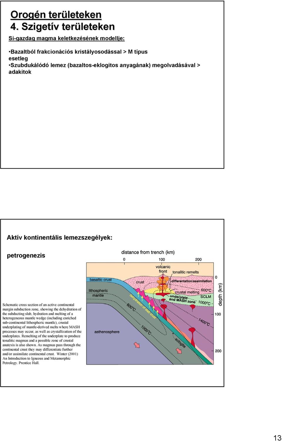 Aktív kontinentális lemezszegélyek: petrogenezis Schematic cross section of an active continental margin subduction zone, showing the dehydration of the subducting slab, hydration and melting of a