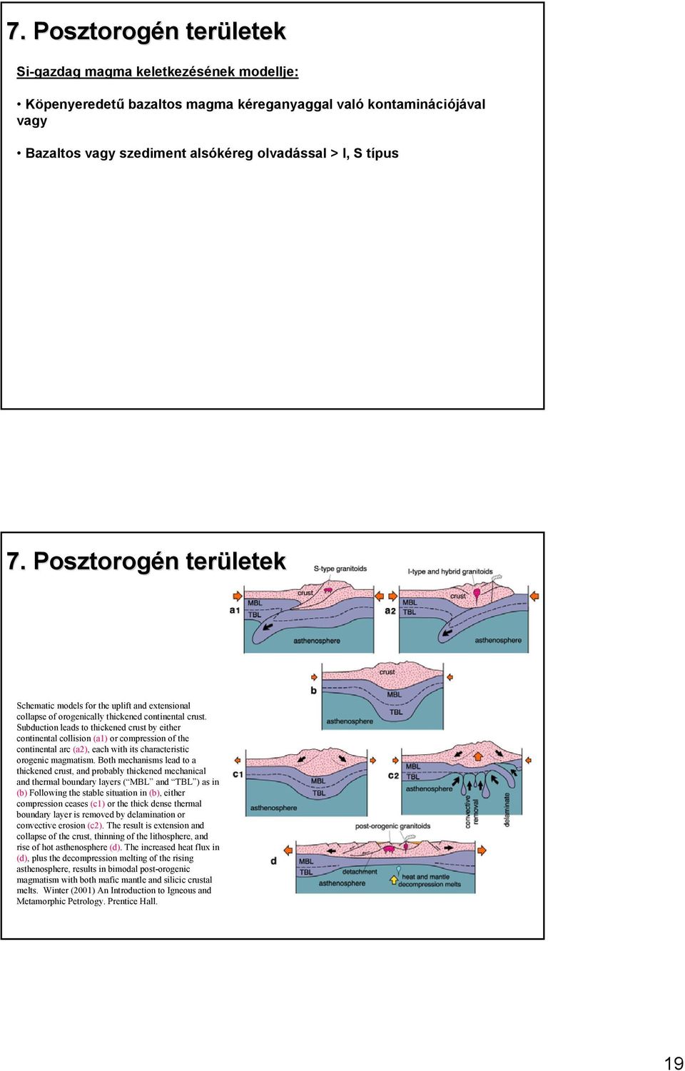 Subduction leads to thickened crust by either continental collision (a1) or compression of the continental arc (a2), each with its characteristic orogenic magmatism.