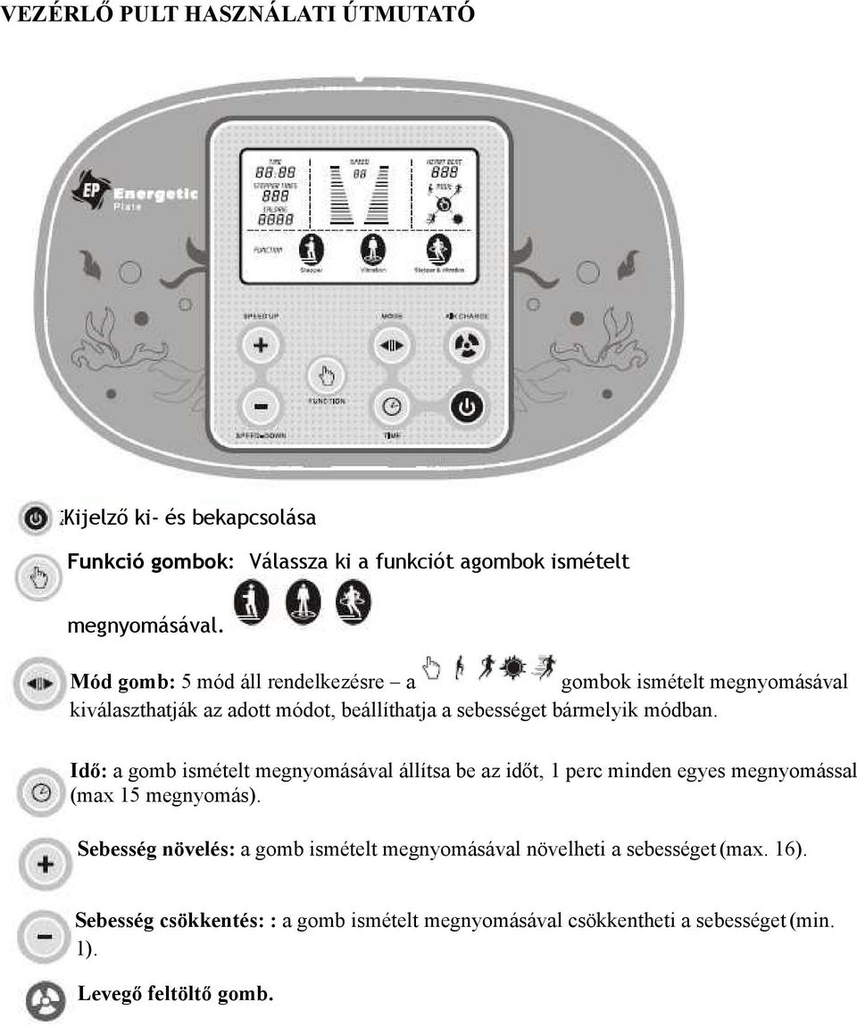 Idő: a gomb ismételt megnyomásával állítsa be az időt, 1 perc minden egyes megnyomással (max 15 megnyomás).