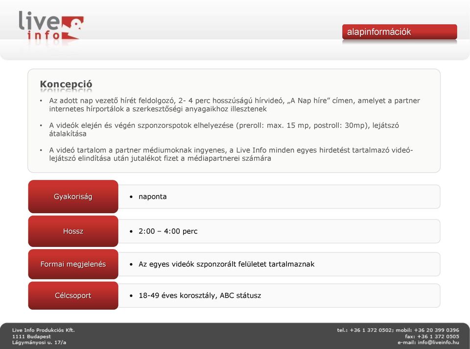 15 mp, postroll: 30mp), lejátszó átalakítása A videó tartalom a partner médiumoknak ingyenes, a Live Info minden egyes hirdetést tartalmazó videólejátszó