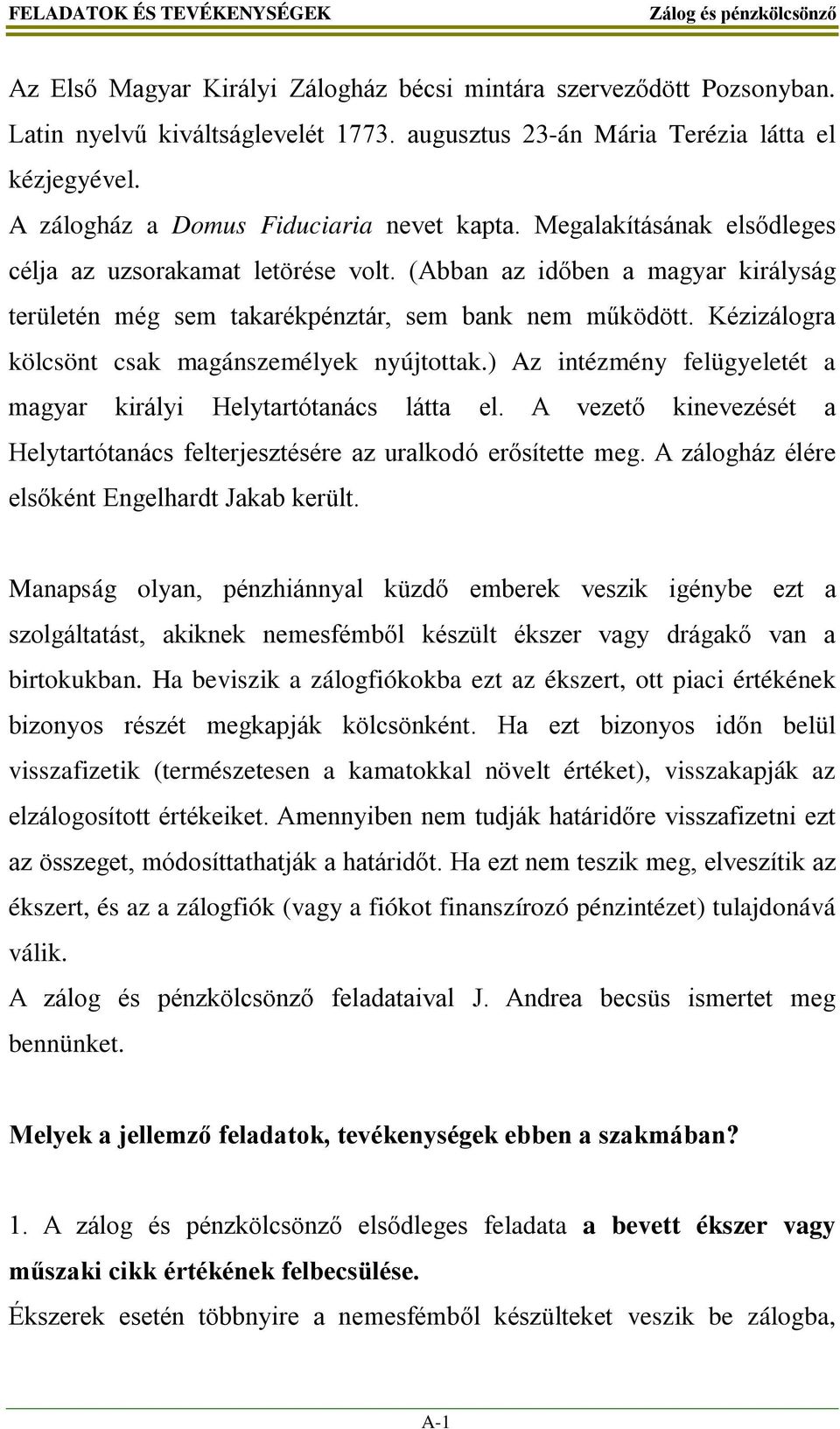 Kézizálogra kölcsönt csak magánszemélyek nyújtottak.) Az intézmény felügyeletét a magyar királyi Helytartótanács látta el.