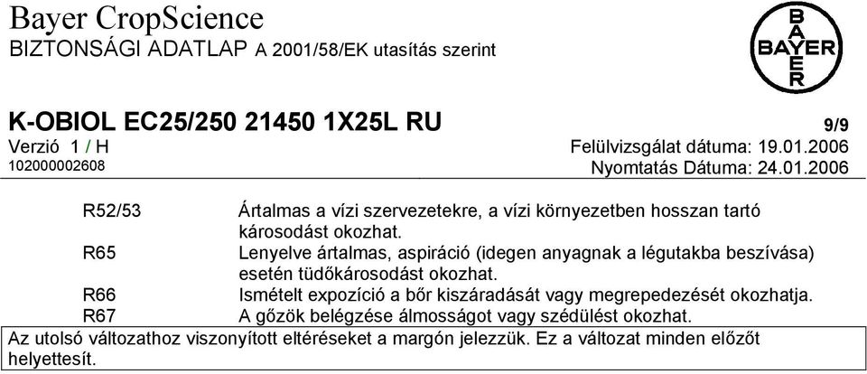 R65 Lenyelve ártalmas, aspiráció (idegen anyagnak a légutakba beszívása) esetén tüdő R66 Ismételt expozíció a bőr