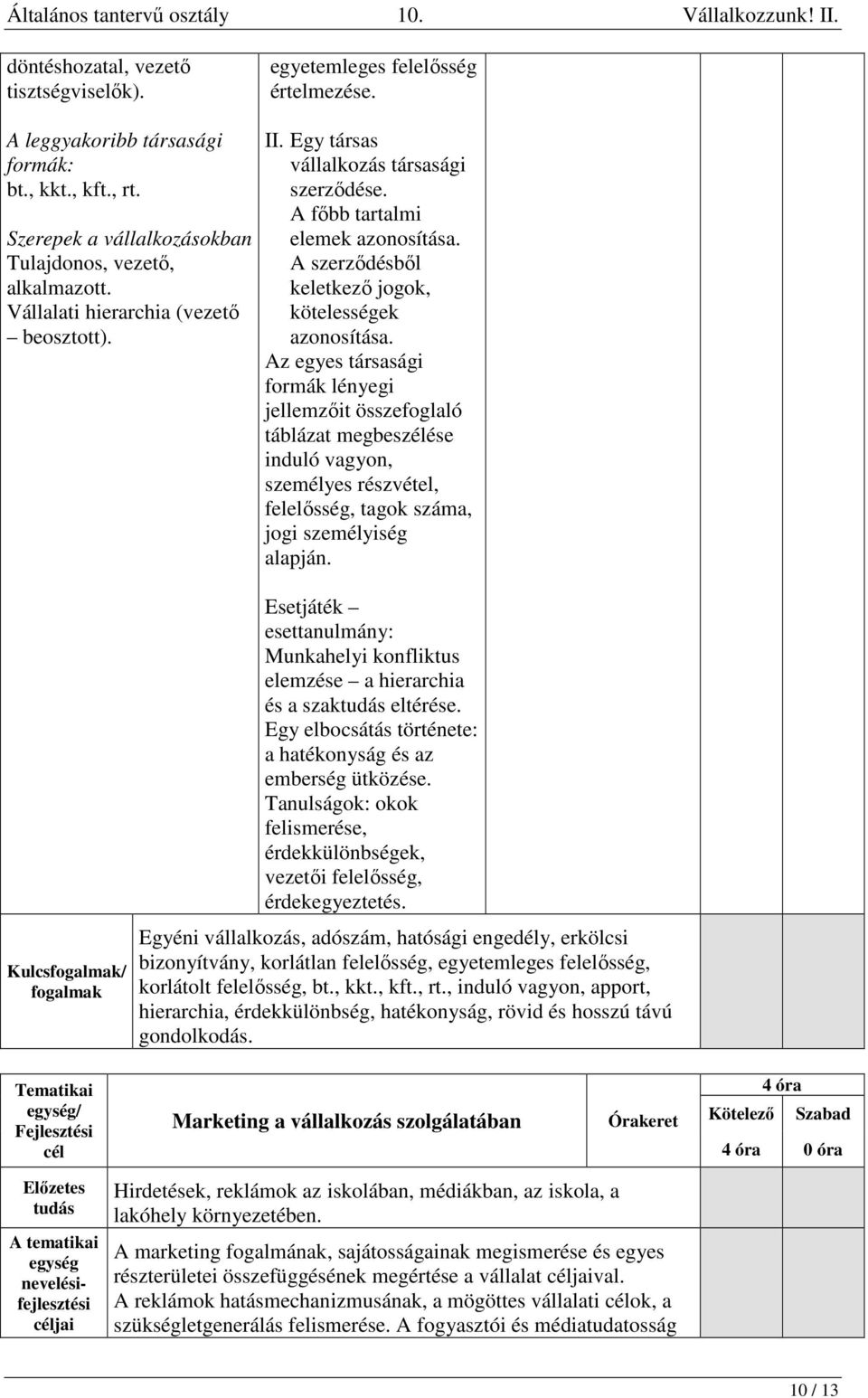 Az egyes társasági formák lényegi jellemzőit összefoglaló táblázat megbeszélése induló vagyon, személyes részvétel, felelősség, tagok száma, jogi személyiség alapján.