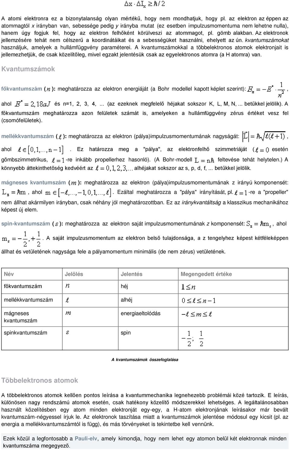 atommagot, pl. gömb alakban. Az elektronok jellemzésére tehát nem célszerű a koordinátáikat és a sebességüket használni, ehelyett az ún.