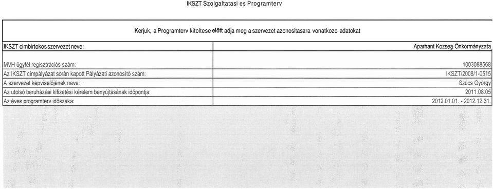 szervezet azonositasara vonatkozo adatokat