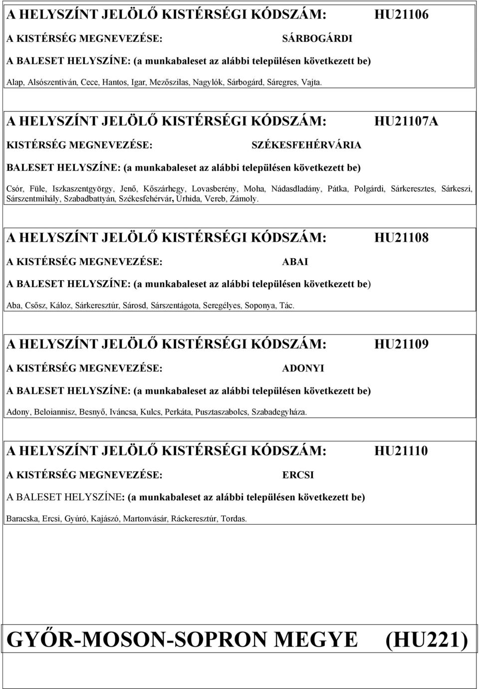 Kőszárhegy, Lovasberény, Moha, Nádasdladány, Pátka, Polgárdi, Sárkeresztes, Sárkeszi, Sárszentmihály, Szabadbattyán, Székesfehérvár, Úrhida, Vereb, Zámoly.