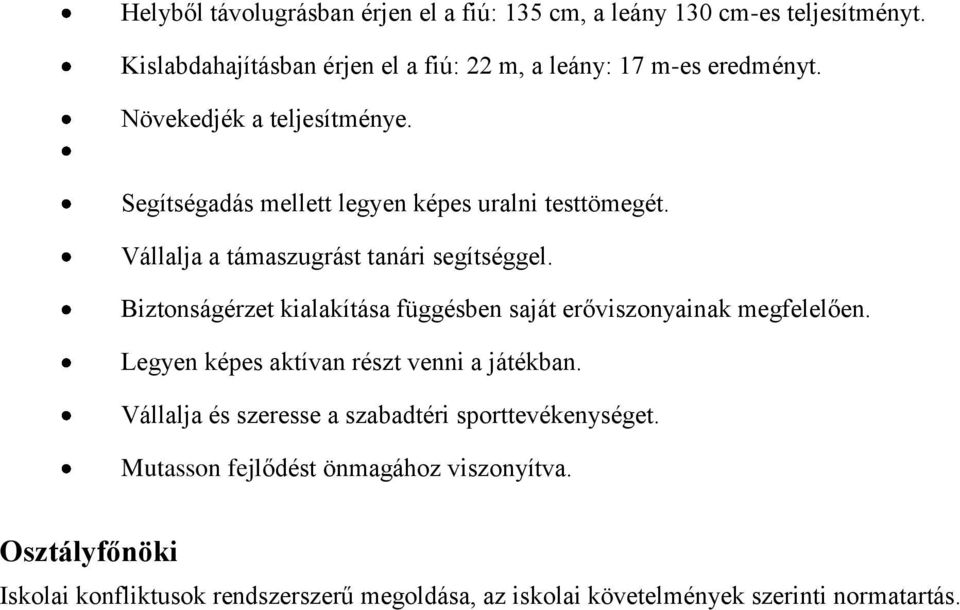 Biztonságérzet kialakítása függésben saját erőviszonyainak megfelelően. Legyen képes aktívan részt venni a játékban.