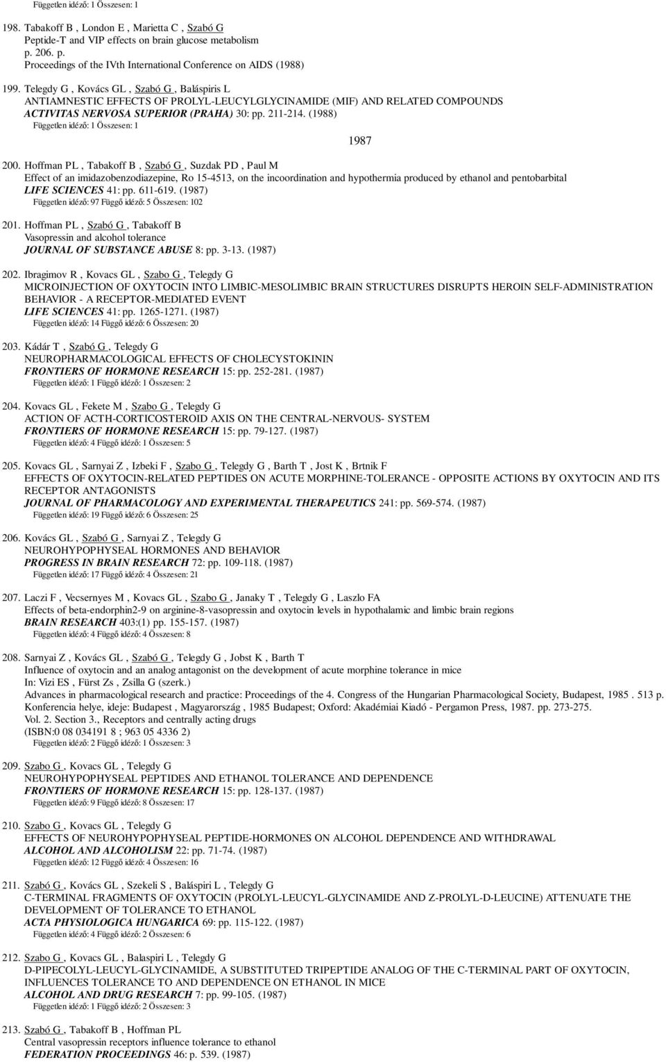 Hoffman PL, Tabakoff B, Szabó G, Suzdak PD, Paul M Effect of an imidazobenzodiazepine, Ro 15-4513, on the incoordination and hypothermia produced by ethanol and pentobarbital LIFE SCIENCES 41: pp.