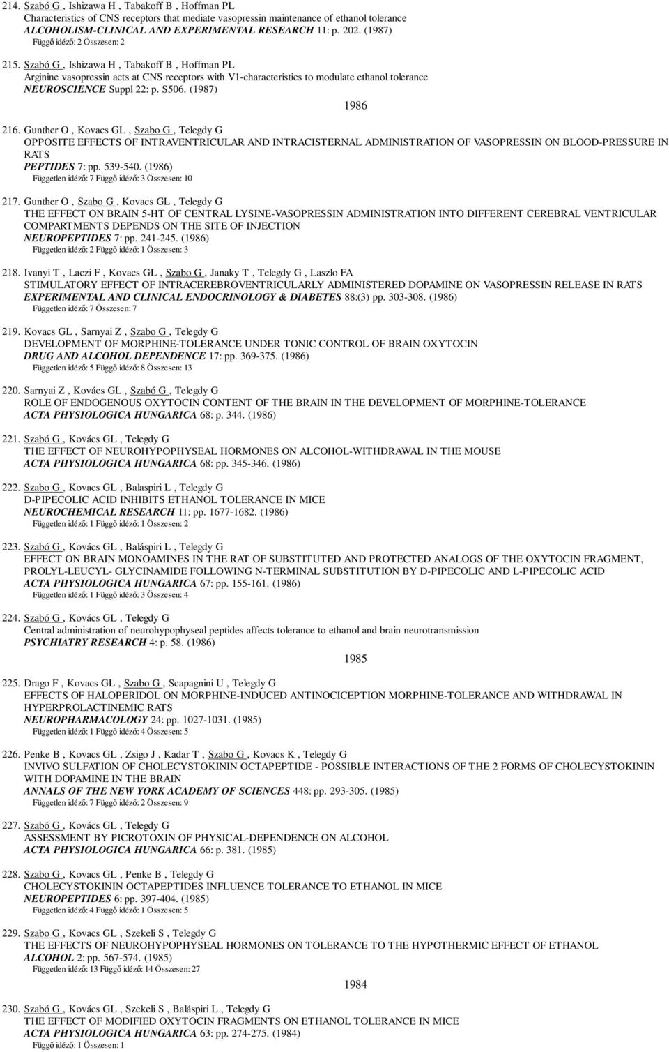 Szabó G, Ishizawa H, Tabakoff B, Hoffman PL Arginine vasopressin acts at CNS receptors with V1-characteristics to modulate ethanol tolerance NEUROSCIENCE Suppl 22: p. S506. (1987) 1986 216.