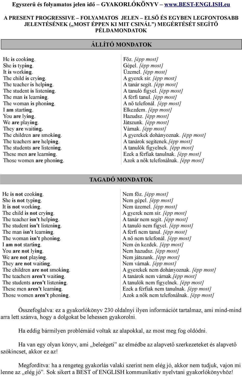 The children are smoking. The teachers are helping. The students are listening. These men are learning. Those women are phoning. Főz. [épp most] Gépel. [épp most] Üzemel. [épp most] A gyerek sír.