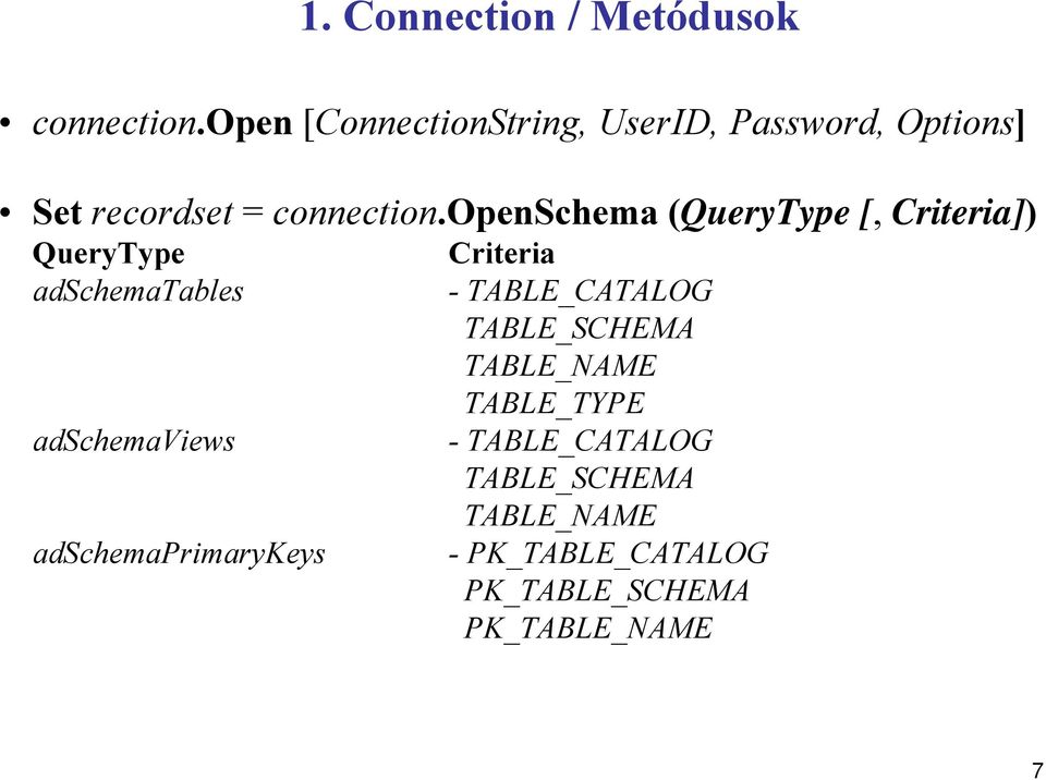 openschema (QueryType [, Criteria]) QueryType adschematables adschemaviews