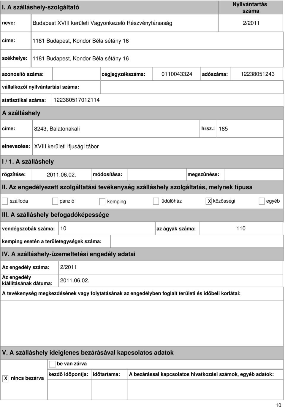 : 185 VIII kerületi Ifjusági tábor rögzítése: 2011.06.02. módosítása: megszûnése: II.