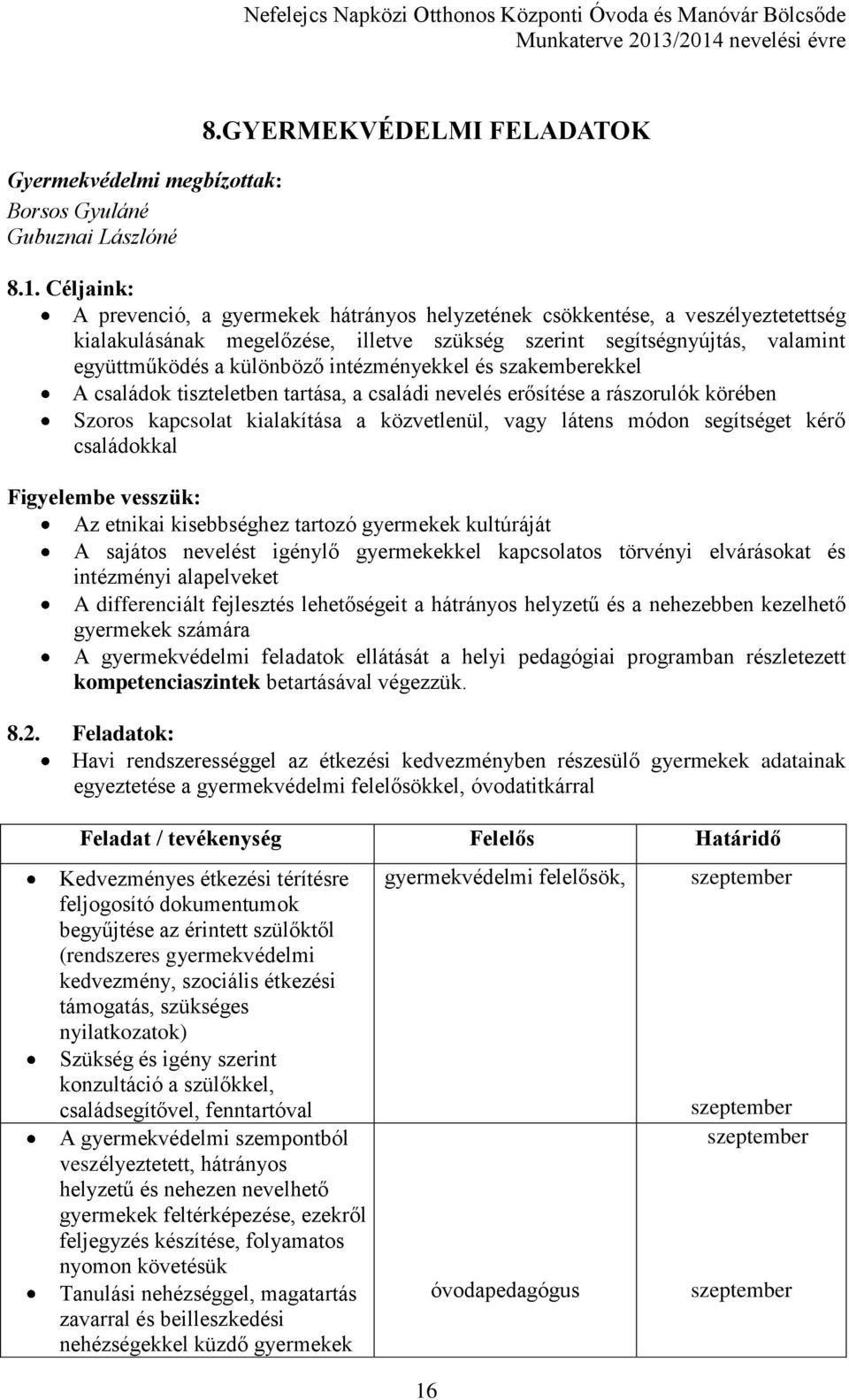 intézményekkel és szakemberekkel A családok tiszteletben tartása, a családi nevelés erősítése a rászorulók körében Szoros kapcsolat kialakítása a közvetlenül, vagy látens módon segítséget kérő