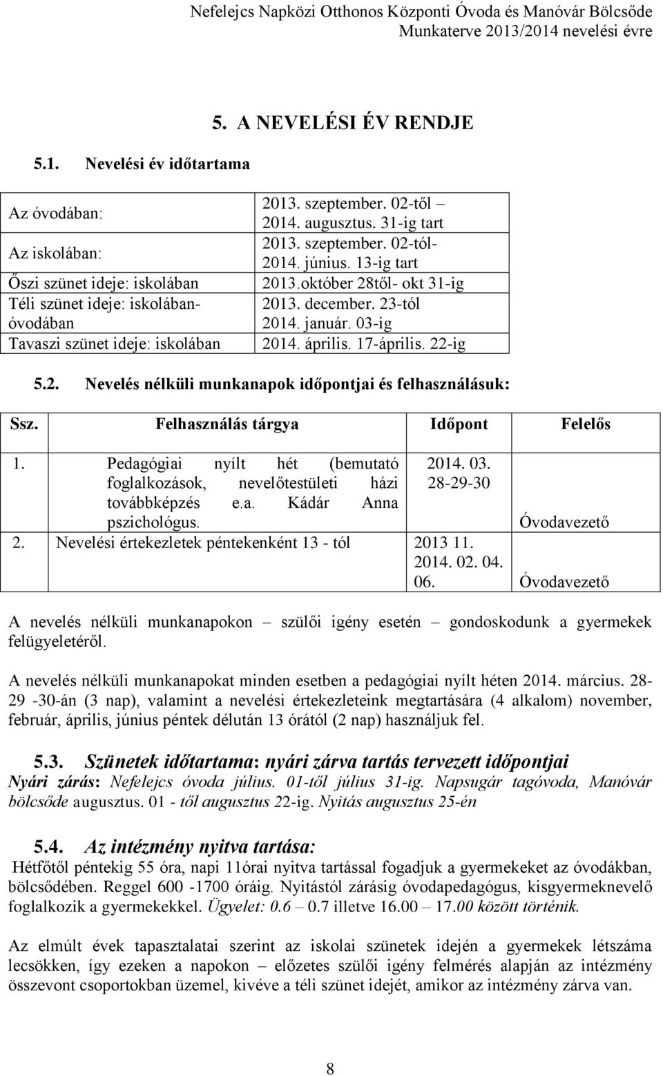 17-április. 22-ig 201 5.2. Nevelés nélküli munkanapok időpontjai és felhasználásuk: Ssz. Felhasználás tárgya Időpont Felelős 1.