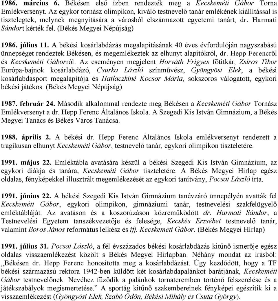 (Békés Megyei Népújság) 1986. július 11. A békési kosárlabdázás megalapításának 40 éves évfordulóján nagyszabású ünnepséget rendeztek Békésen, és megemlékeztek az elhunyt alapítókról, dr.