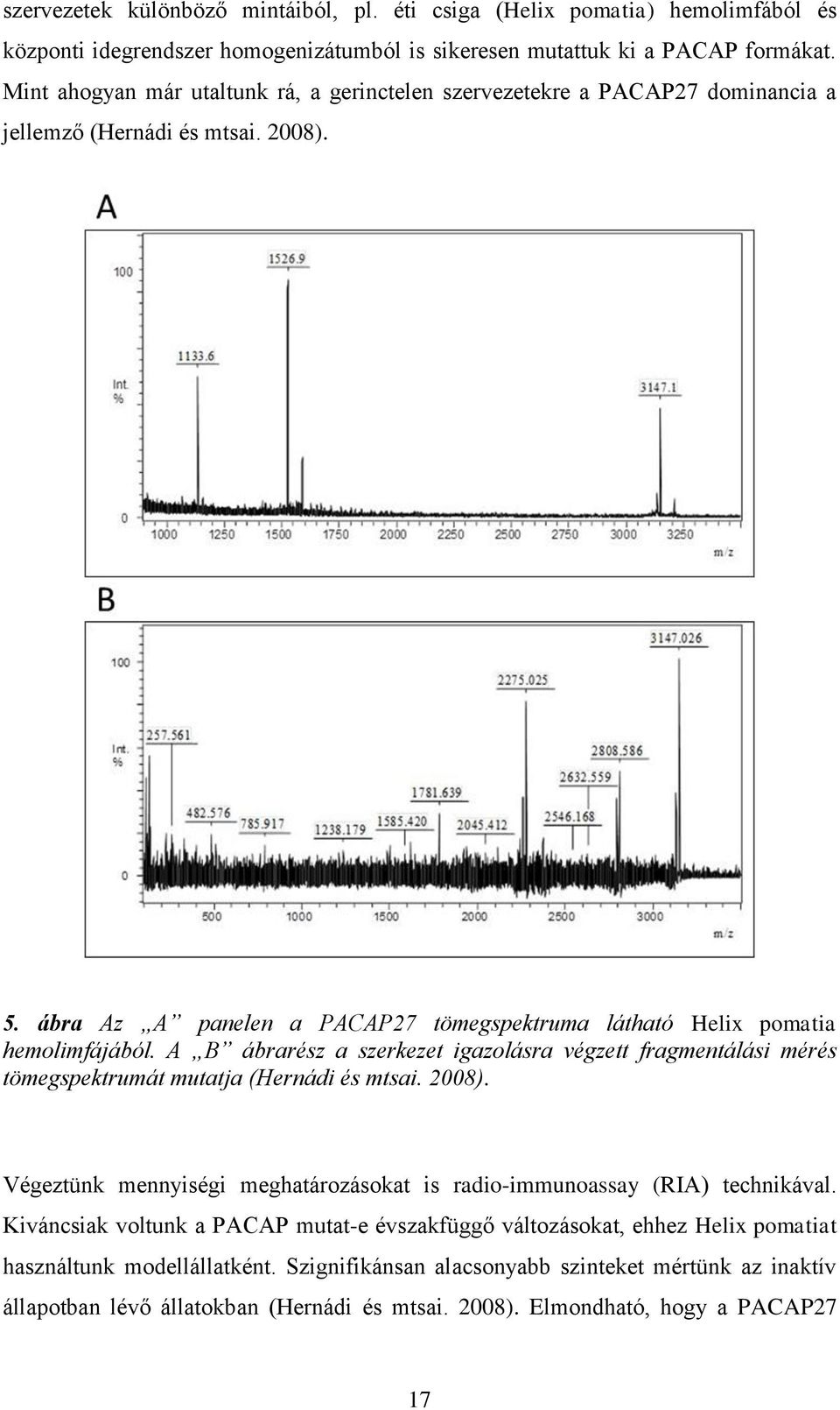 A B ábrarész a szerkezet igazolásra végzett fragmentálási mérés tömegspektrumát mutatja (Hernádi és mtsai. 2008). Végeztünk mennyiségi meghatározásokat is radio-immunoassay (RIA) technikával.