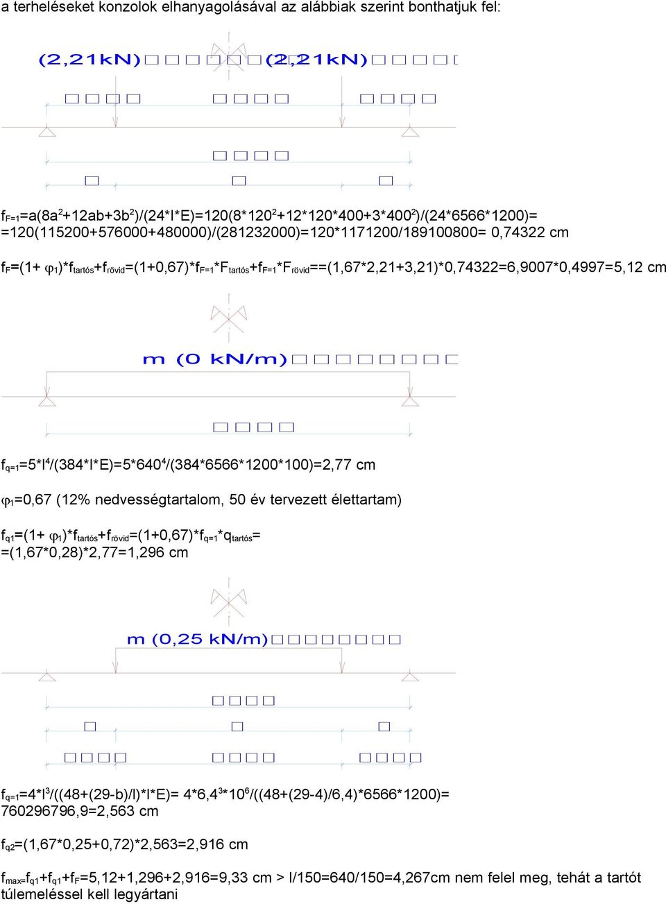 q=1=5*l 4 /(384*I*E)=5*640 4 /(384*6566*1200*100)=2,77 cm 1=0,67 (12% nedvességtartalom, 50 év tervezett élettartam) f q1=(1+ 1)*f tartós+f rövid=(1+0,67)*f q=1*q tartós= =(1,67*0,28)*2,77=1,296 cm m