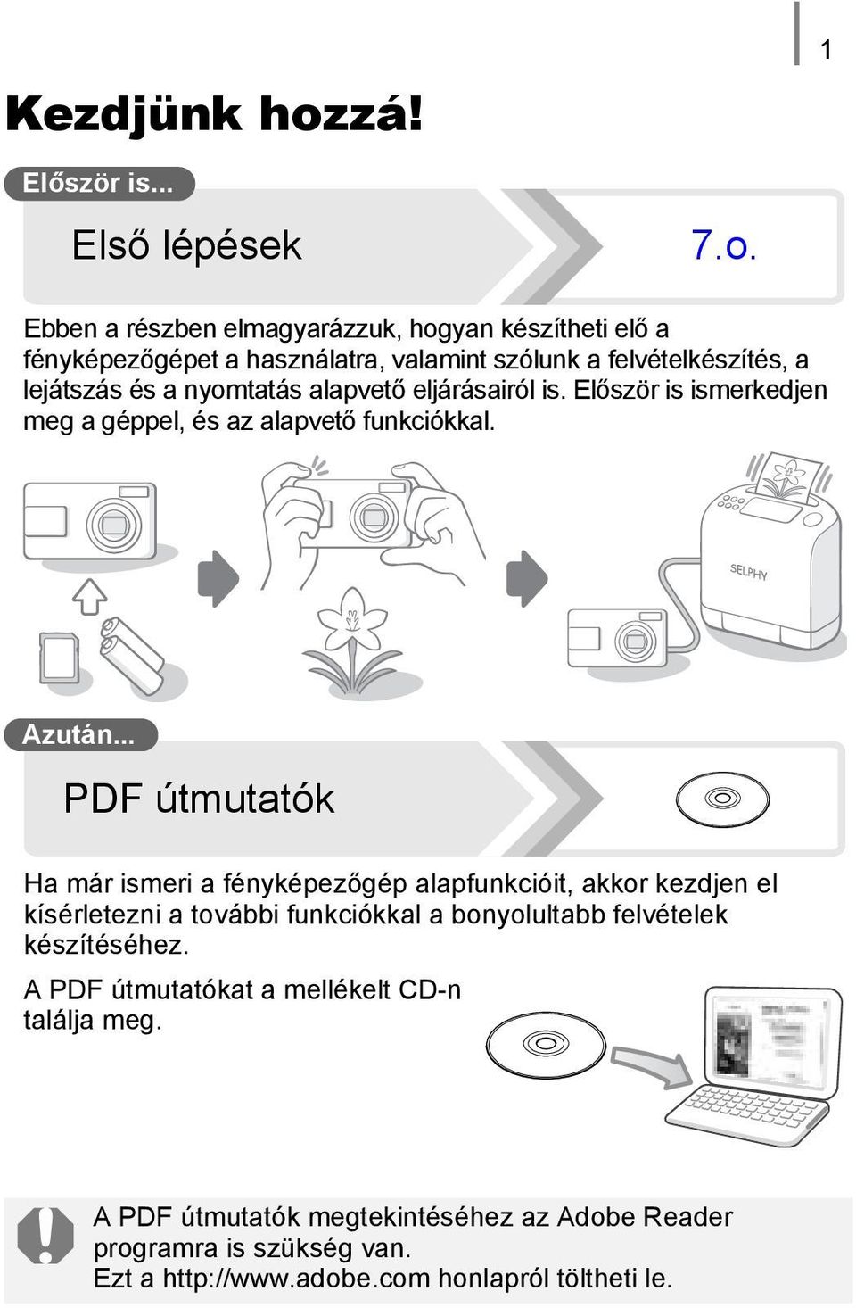 Ebben a részben elmagyarázzuk, hogyan készítheti elő a fényképezőgépet a használatra, valamint szólunk a felvételkészítés, a lejátszás és a nyomtatás