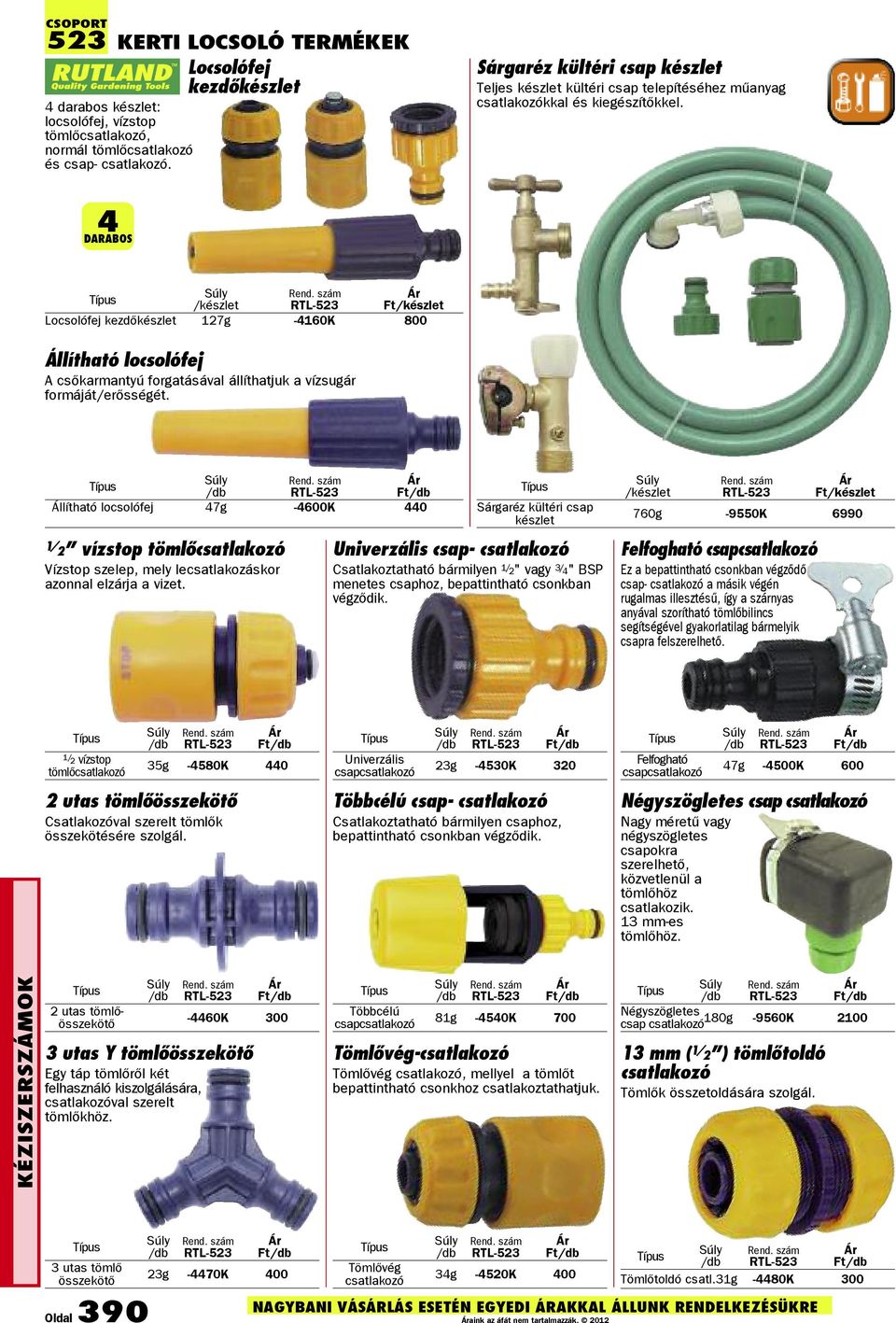 4 darabos /készlet RTL-523 Ft/készlet Locsolófej kezdőkészlet 127g -4160K 800 Állítható locsolófej A csõkarmantyú forgatásával állíthatjuk a vízsugár formáját/erõsségét.