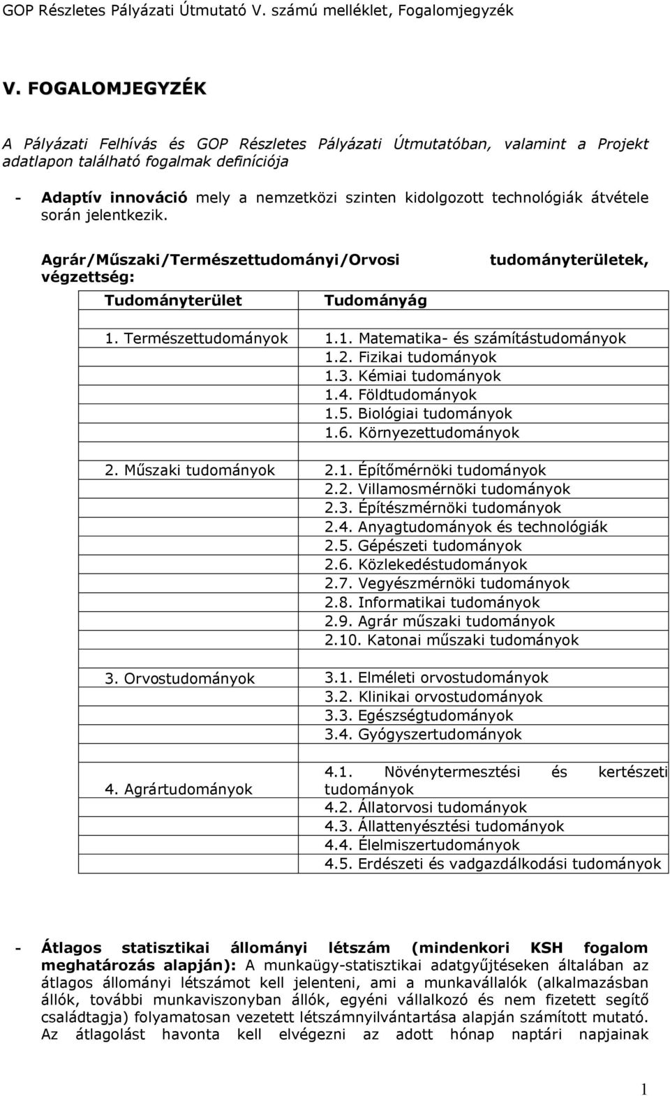 2. Fizikai tudományok 1.3. Kémiai tudományok 1.4. Földtudományok 1.5. Biológiai tudományok 1.6. Környezettudományok 2. Műszaki tudományok 2.1. Építőmérnöki tudományok 2.2. Villamosmérnöki tudományok 2.