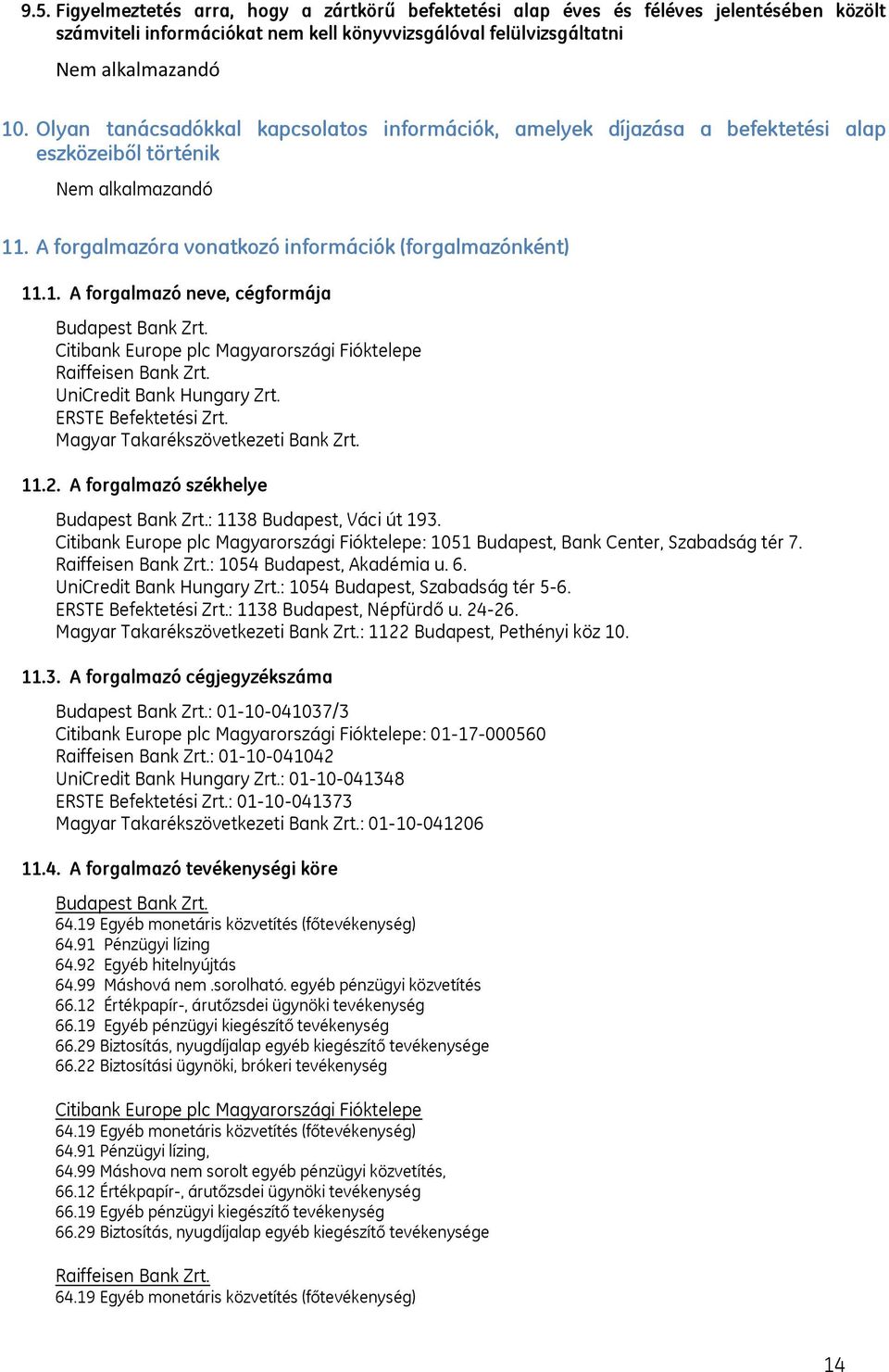 Citibank Europe plc Magyarországi Fióktelepe Raiffeisen Bank Zrt. UniCredit Bank Hungary Zrt. ERSTE Befektetési Zrt. Magyar Takarékszövetkezeti Bank Zrt. 11.2.