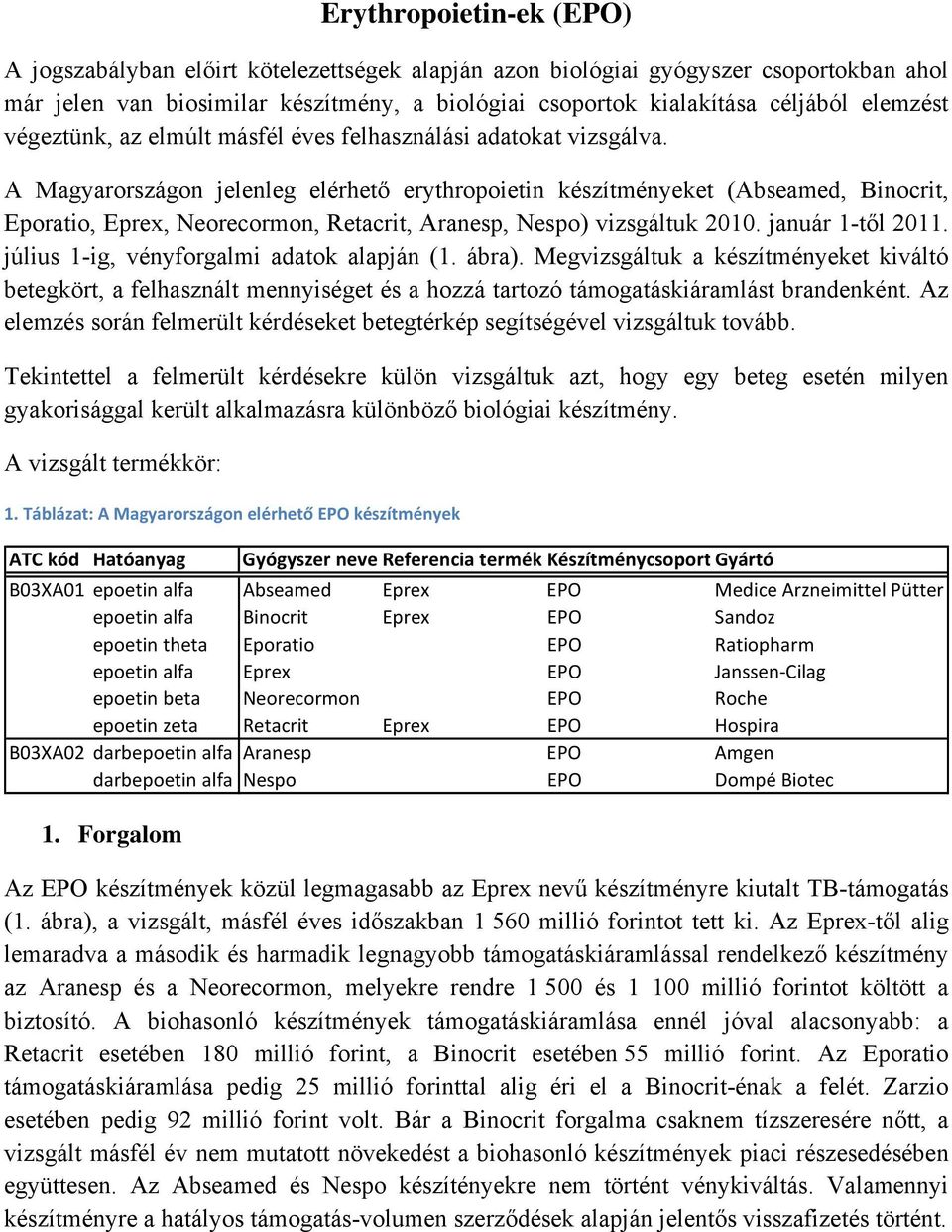 A Magyarországon jelenleg elérhető erythropoietin készítményeket (Abseamed, Binocrit, Eporatio, Eprex, Neorecormon, Retacrit, Aranesp, Nespo) vizsgáltuk 21. január 1-től 211.