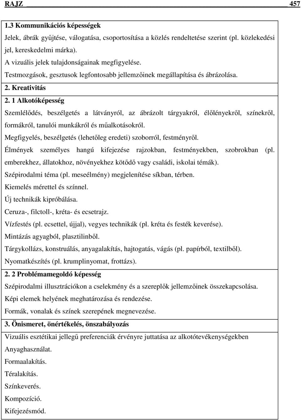 1 Alkotóképesség Szemlélıdés, beszélgetés a látványról, az ábrázolt tárgyakról, élılényekrıl, színekrıl, formákról, tanulói munkákról és mőalkotásokról.